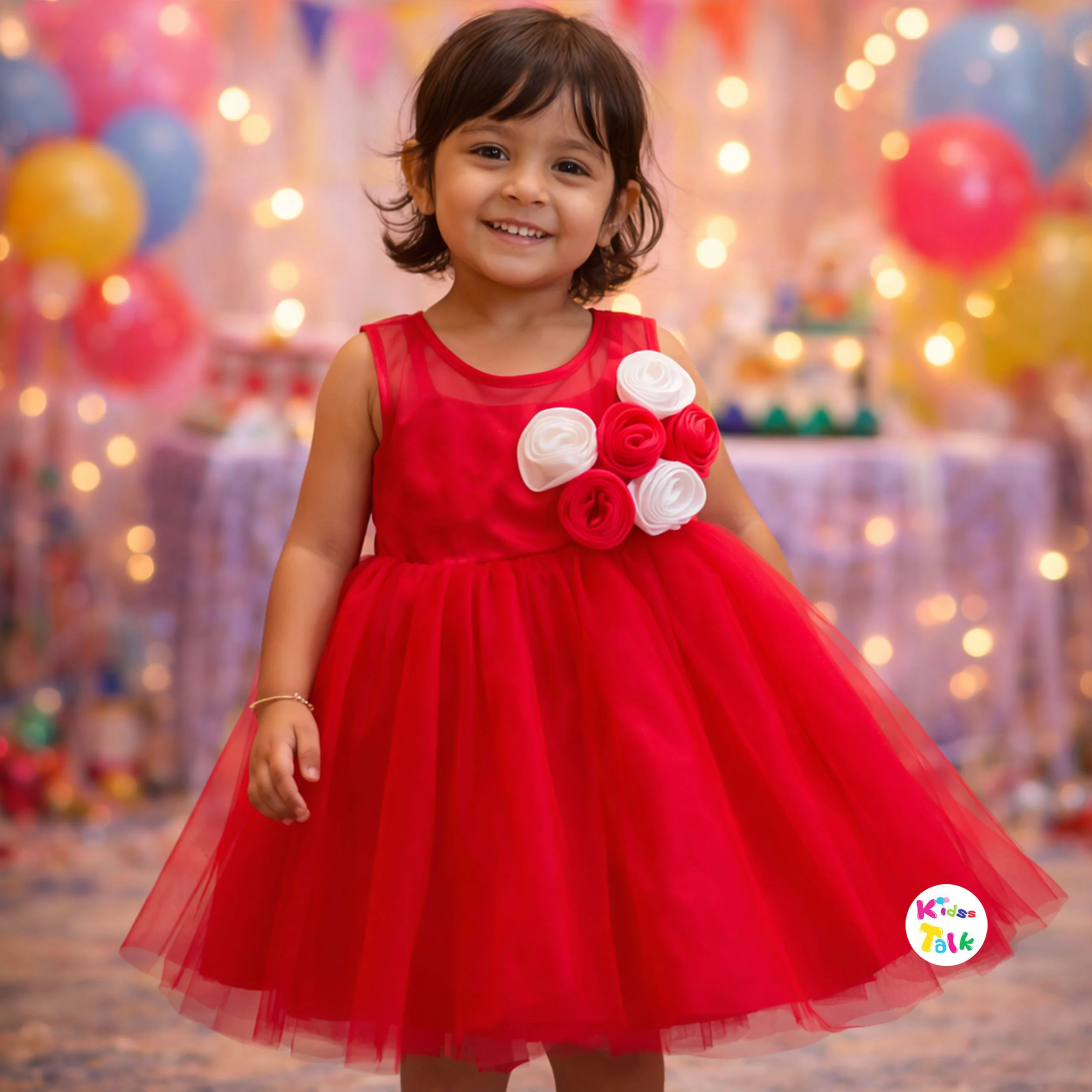 Net Sleeveless Party Frock With Flower Applique - Red