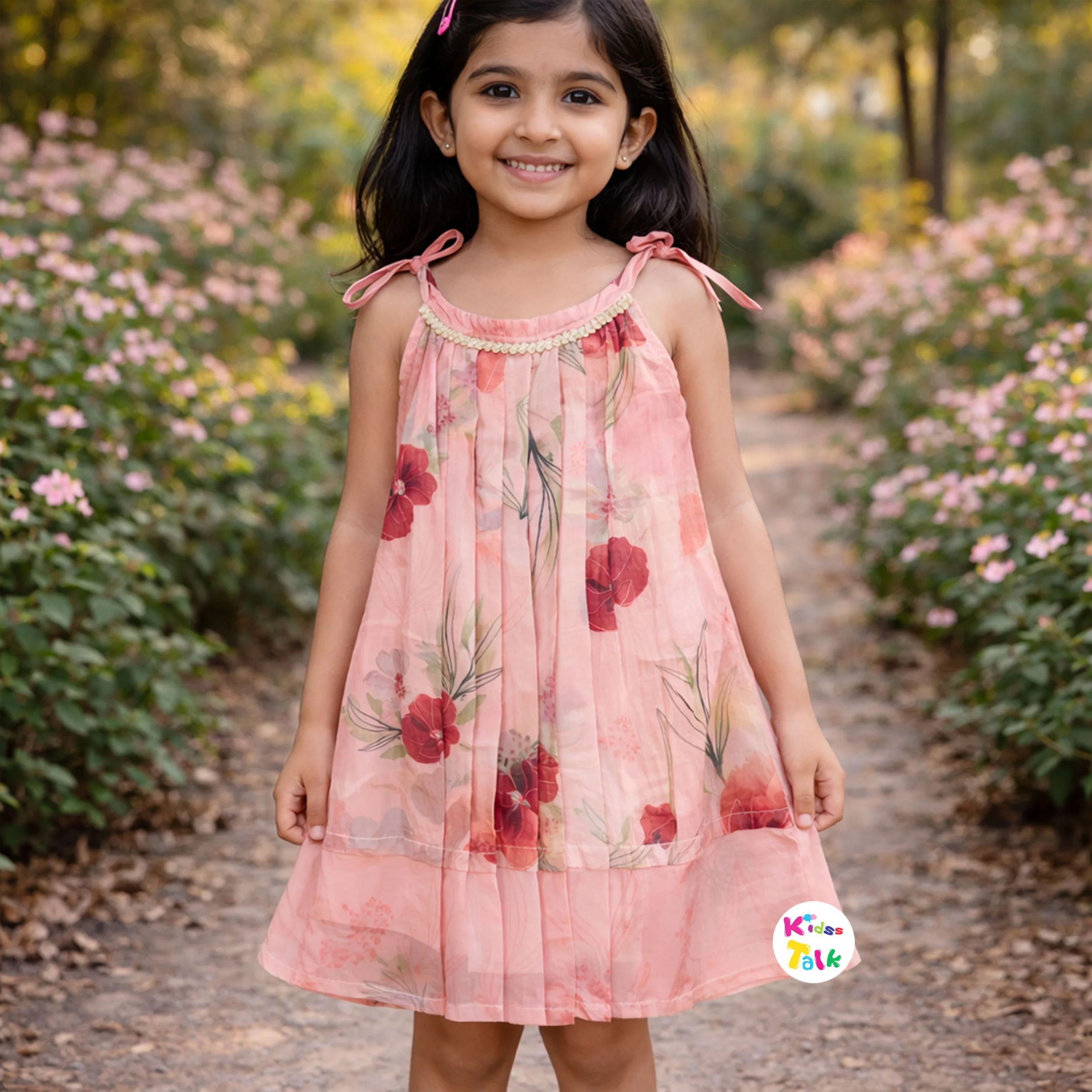Chiffon Sleeveless Frock With Cute Floral Printed - Peach