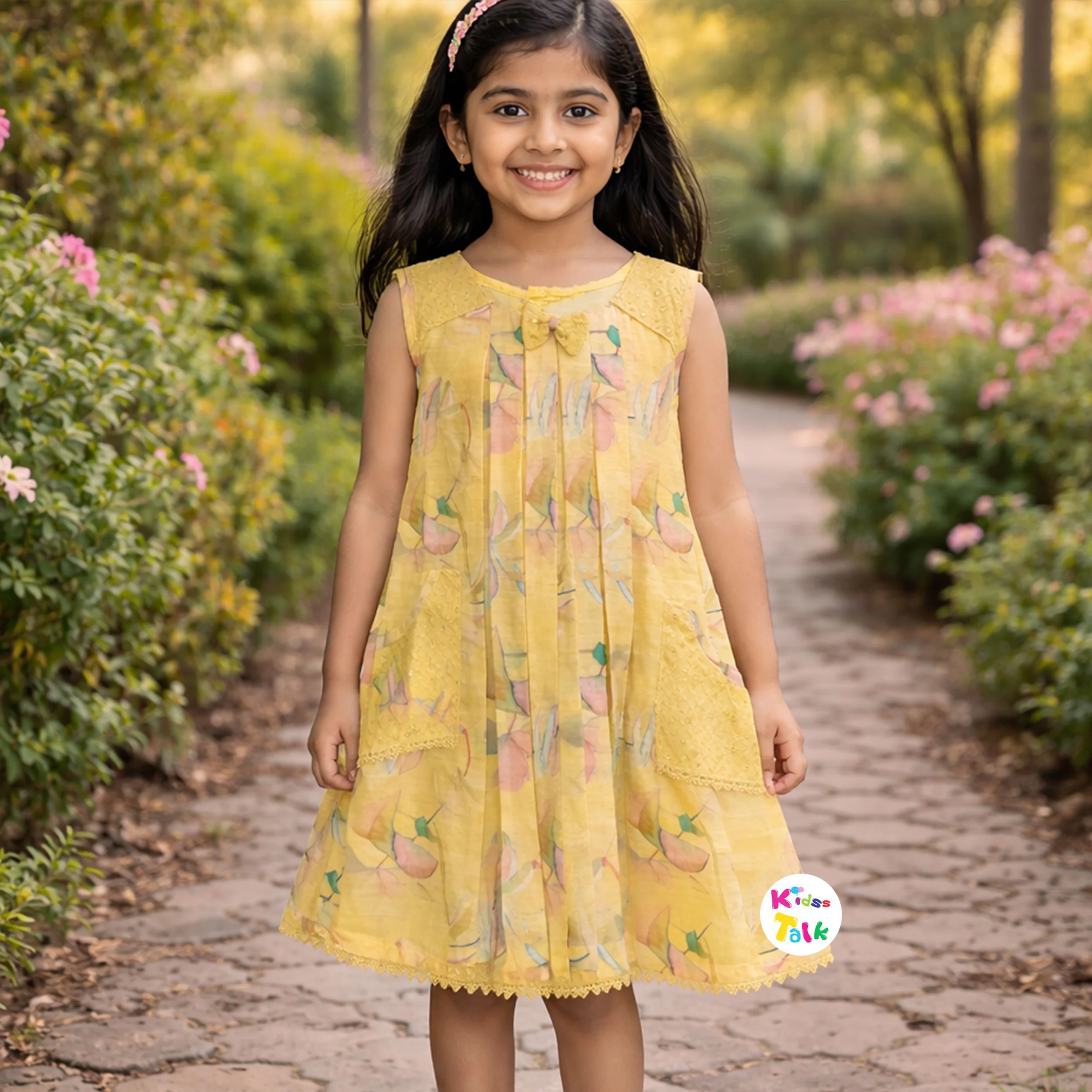 Chiffon Sleeveless Frock With Cute Floral Printed - Lemon Yellow