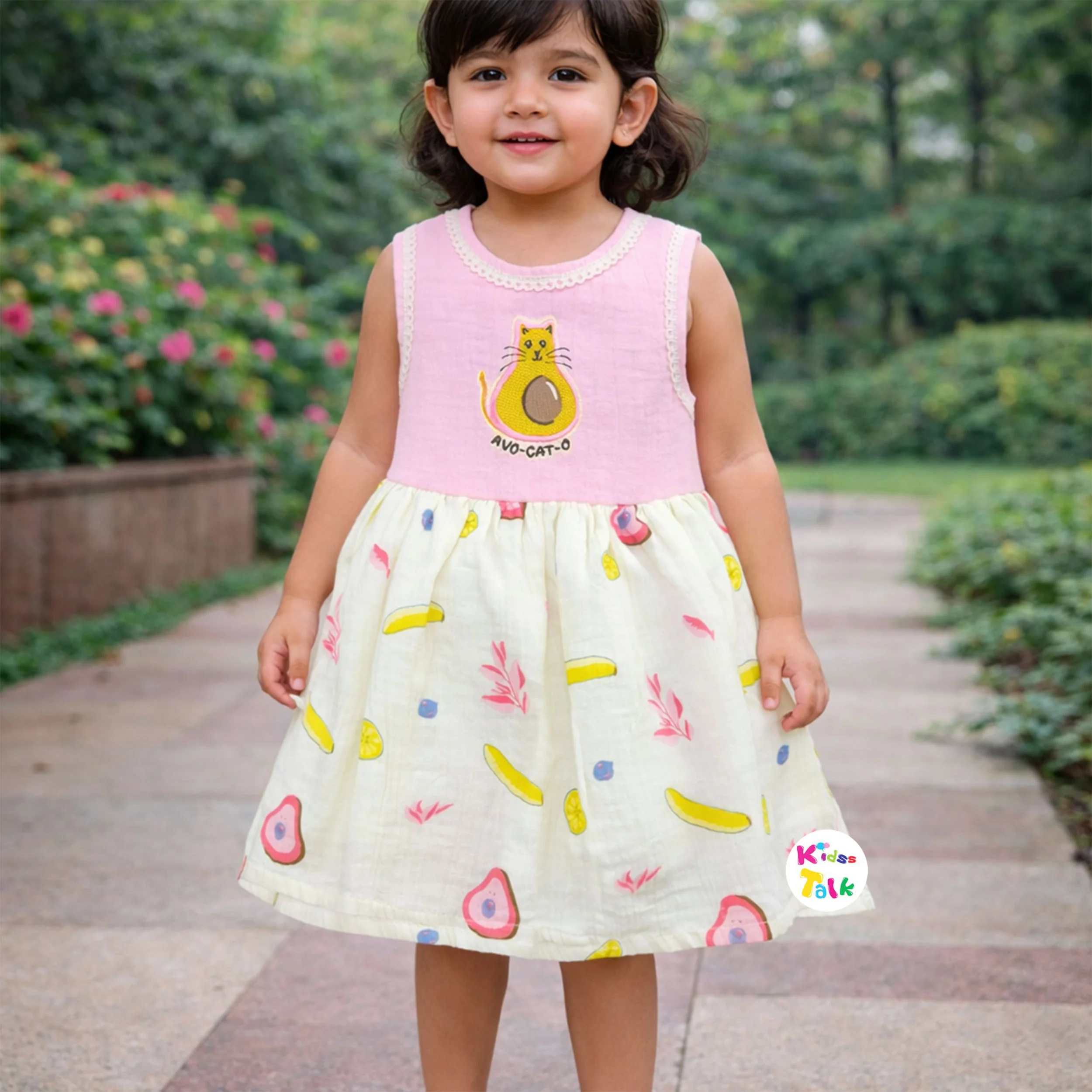 Muslin Sleeveless Frock With Cute Print - Baby Pink