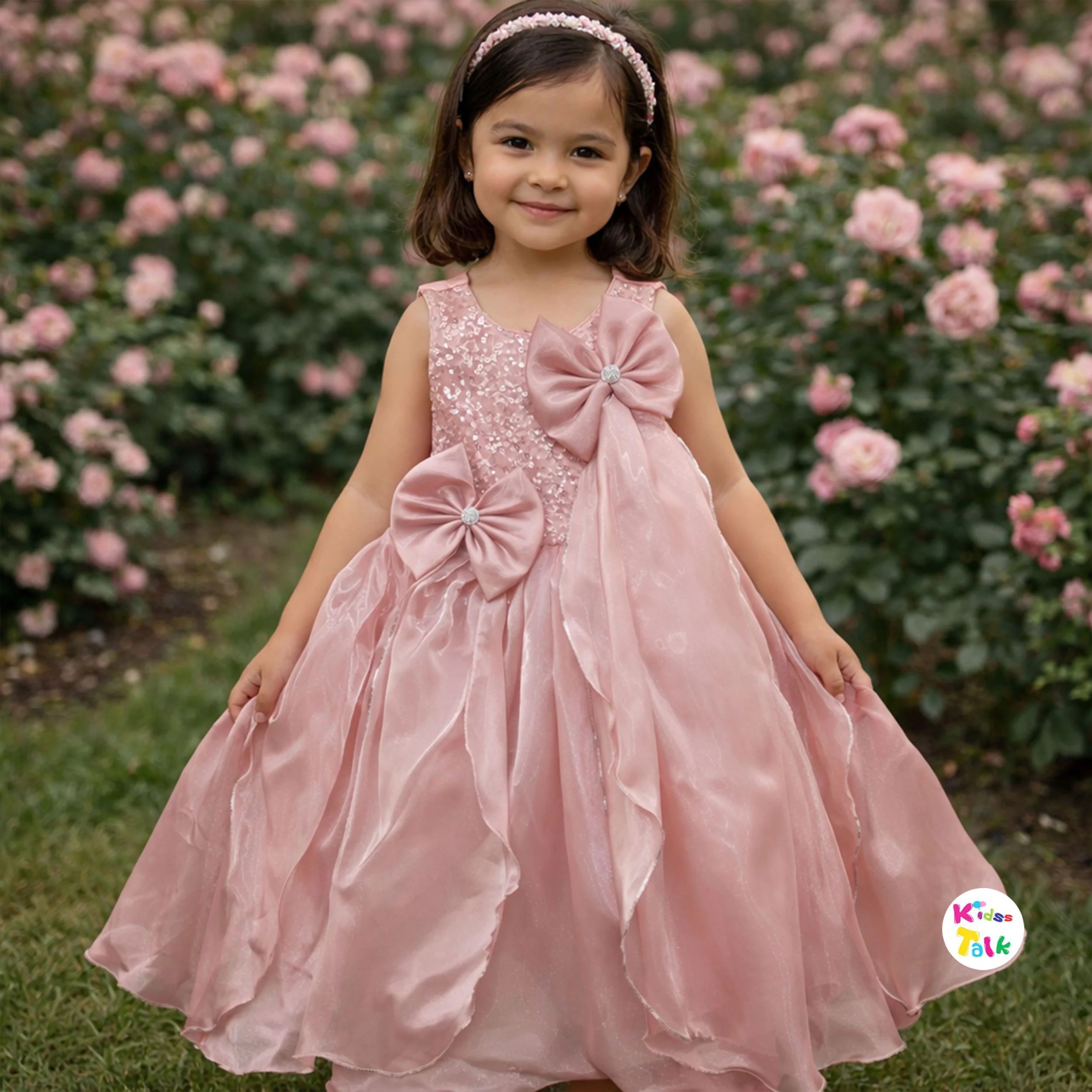 Satin Sleeveless Party Gown With Bow Applique - Onion Pink