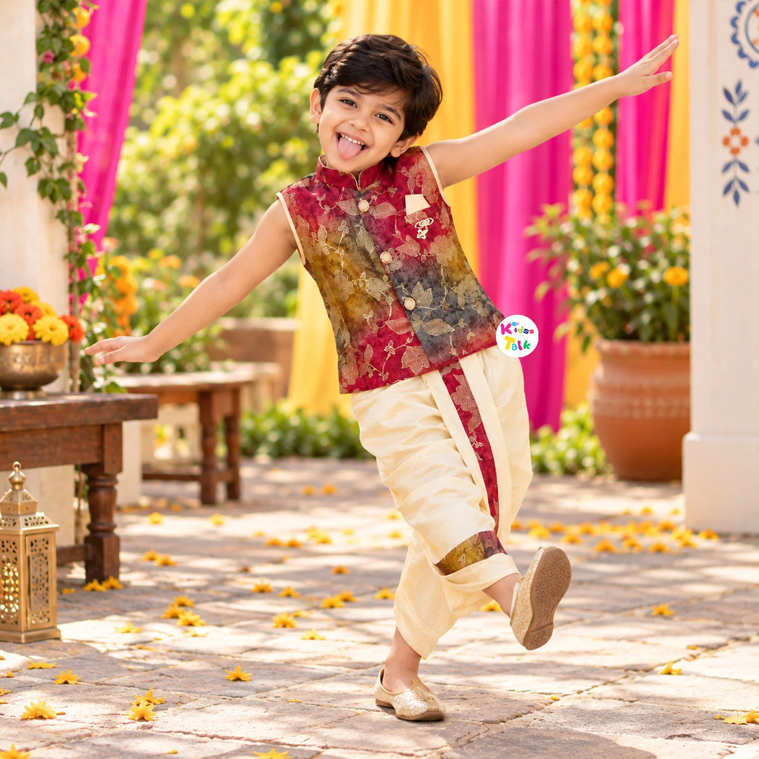 Cotton Sleeveless Kurta & Dhoti With Broach - Maroon
