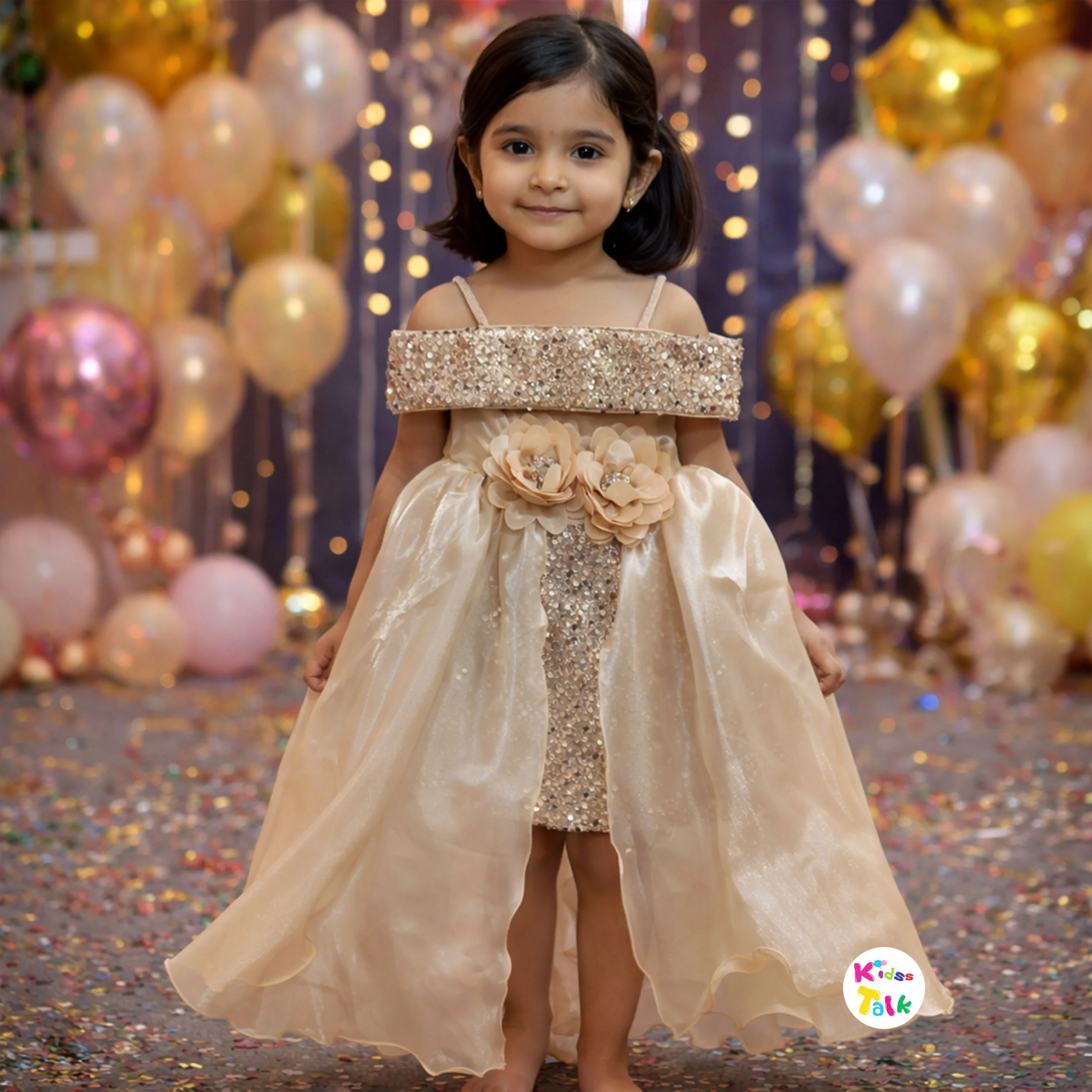 Sequins Sleeveless Party Frock With Flower Applique - Beige