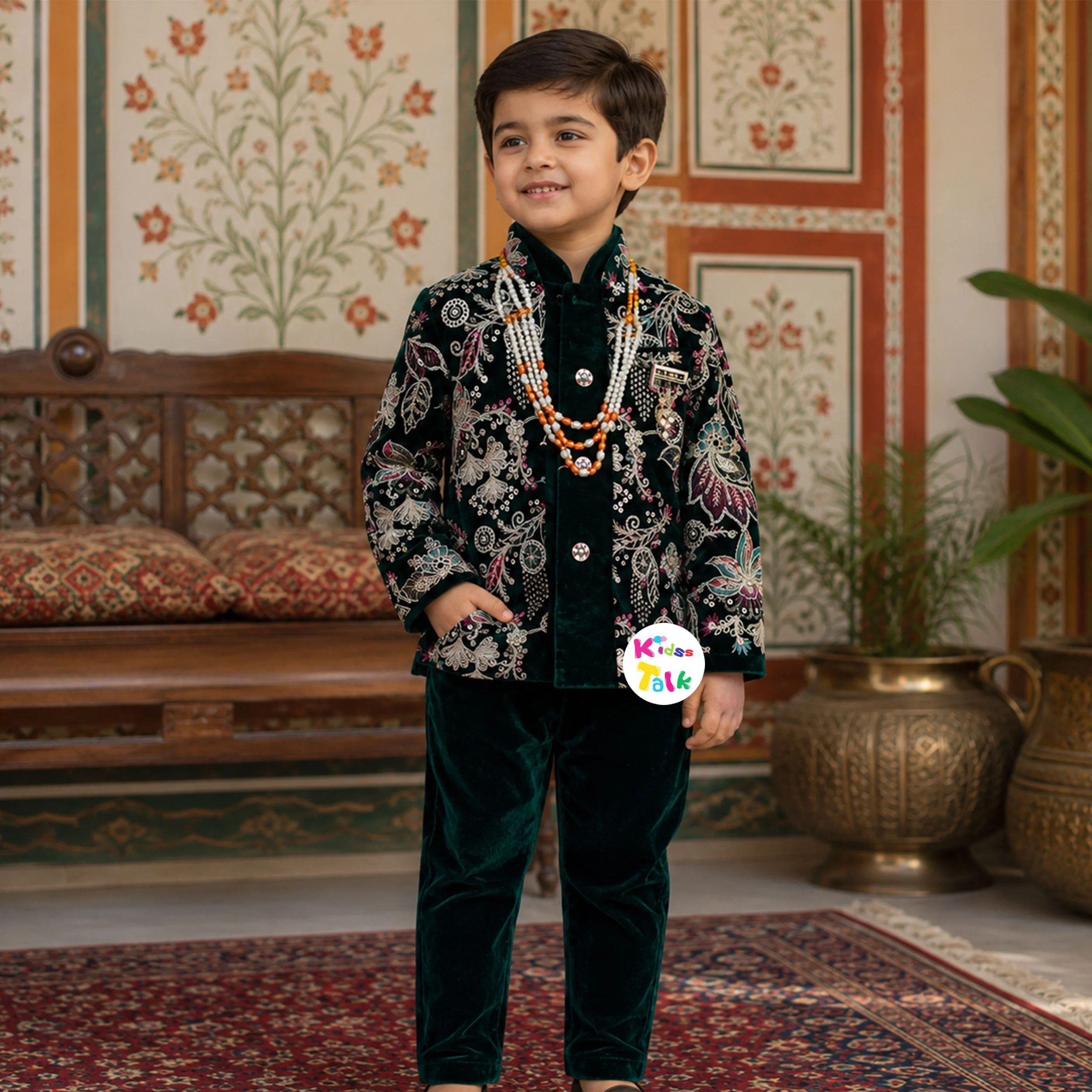 Royal Velvet Full Sleeve Sherwani With Zardhosi Worked Jacket & Pjyama - Green