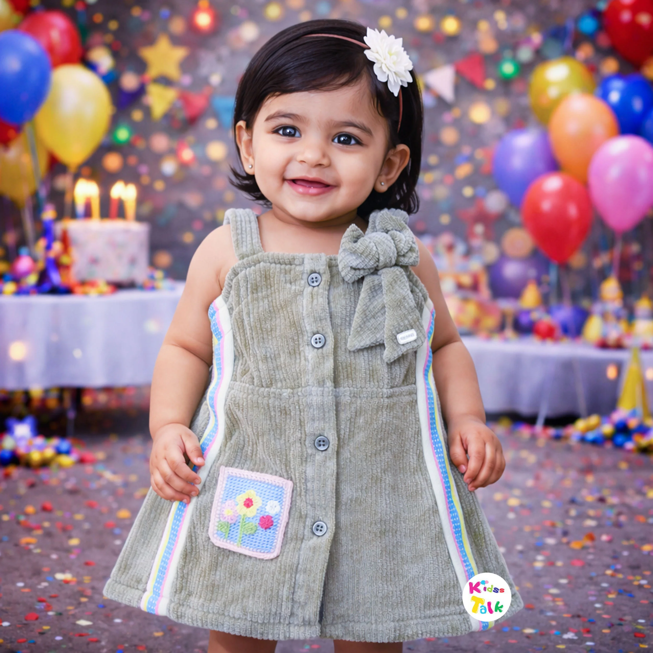 Corduroy Sleeveless Frock With Bow Applique - Beige