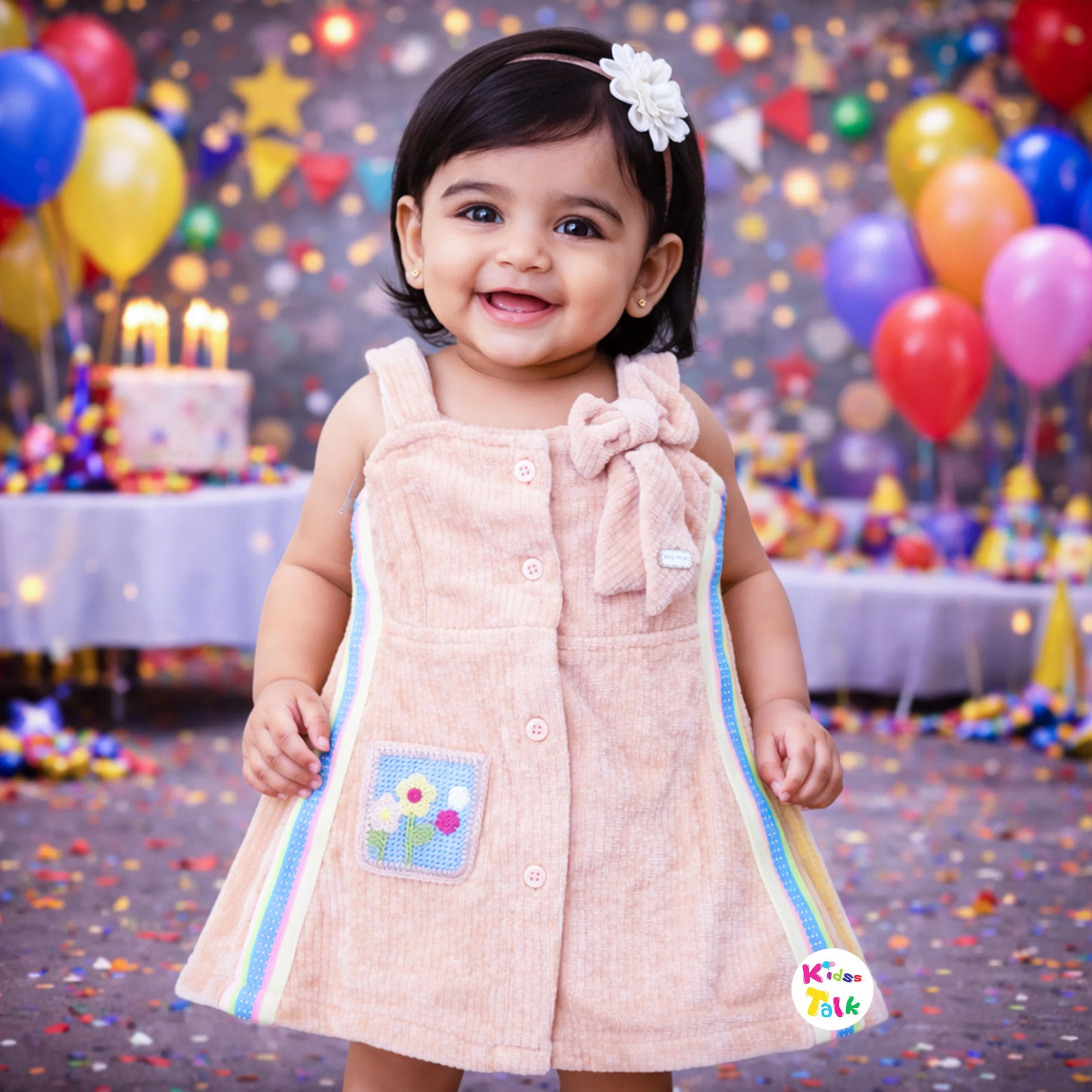 Corduroy Sleeveless Frock With Bow Applique - Peach