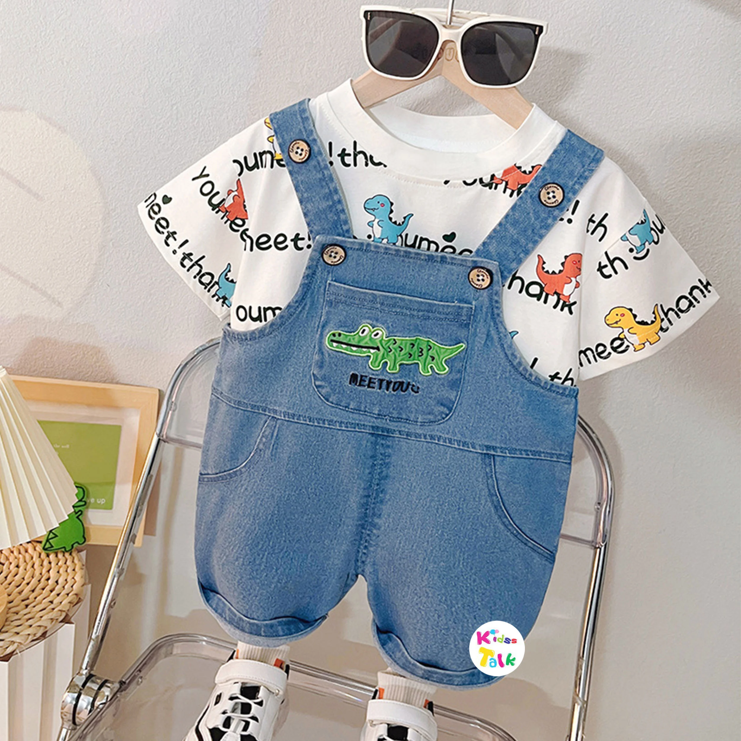 Cute Cotton Knitted Half Sleeve Dungaree Set- Denim Blue