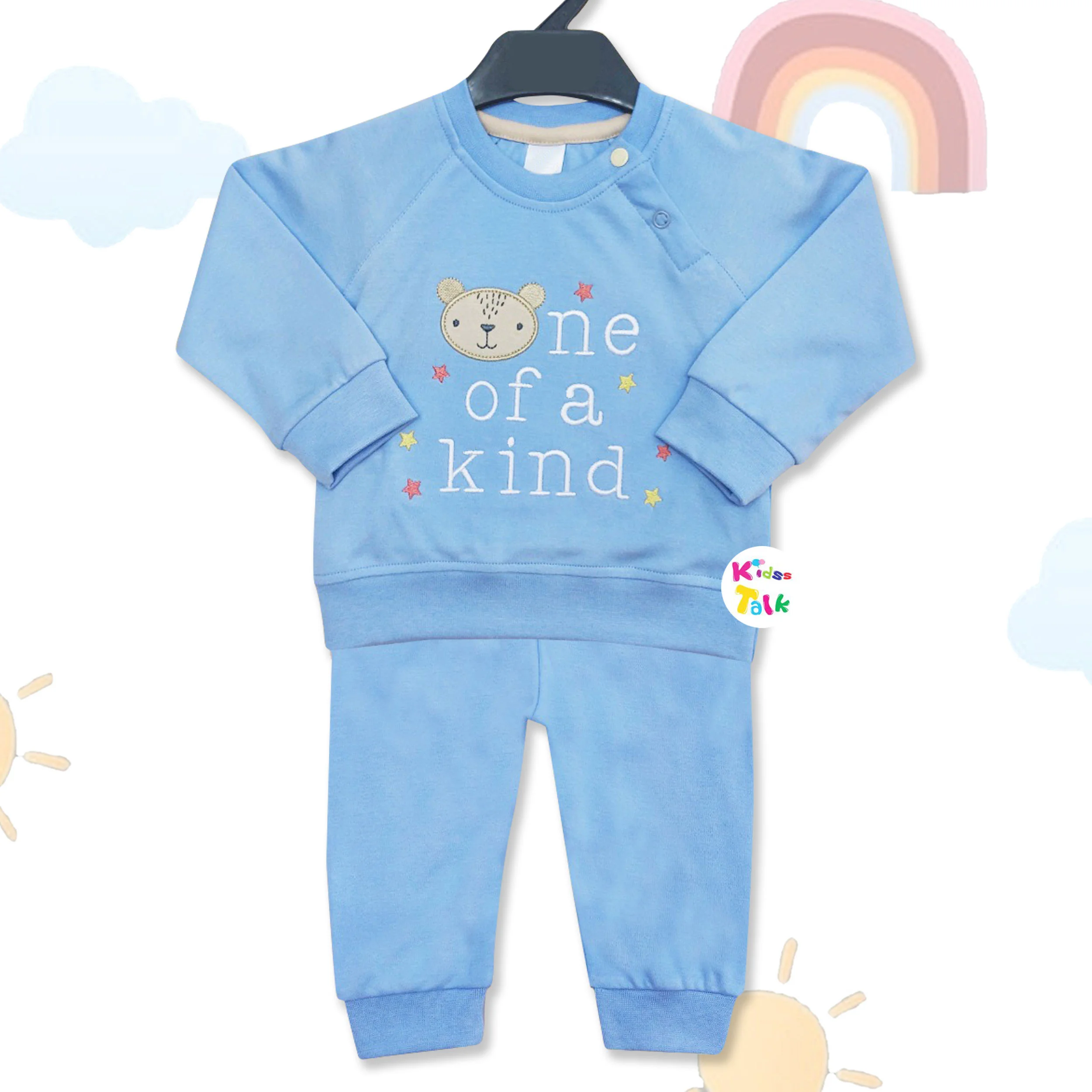 Cotton Knitted Full Sleeve T-shirt & Full Pant - Ice Blue