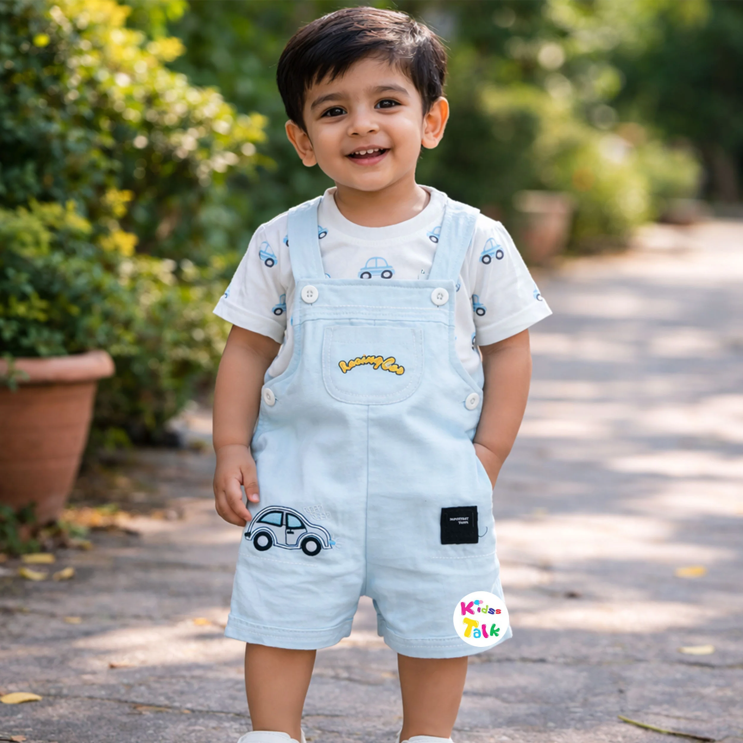 Cute Cotton Half Sleeve Printed Dungaree Set - Ice Blue