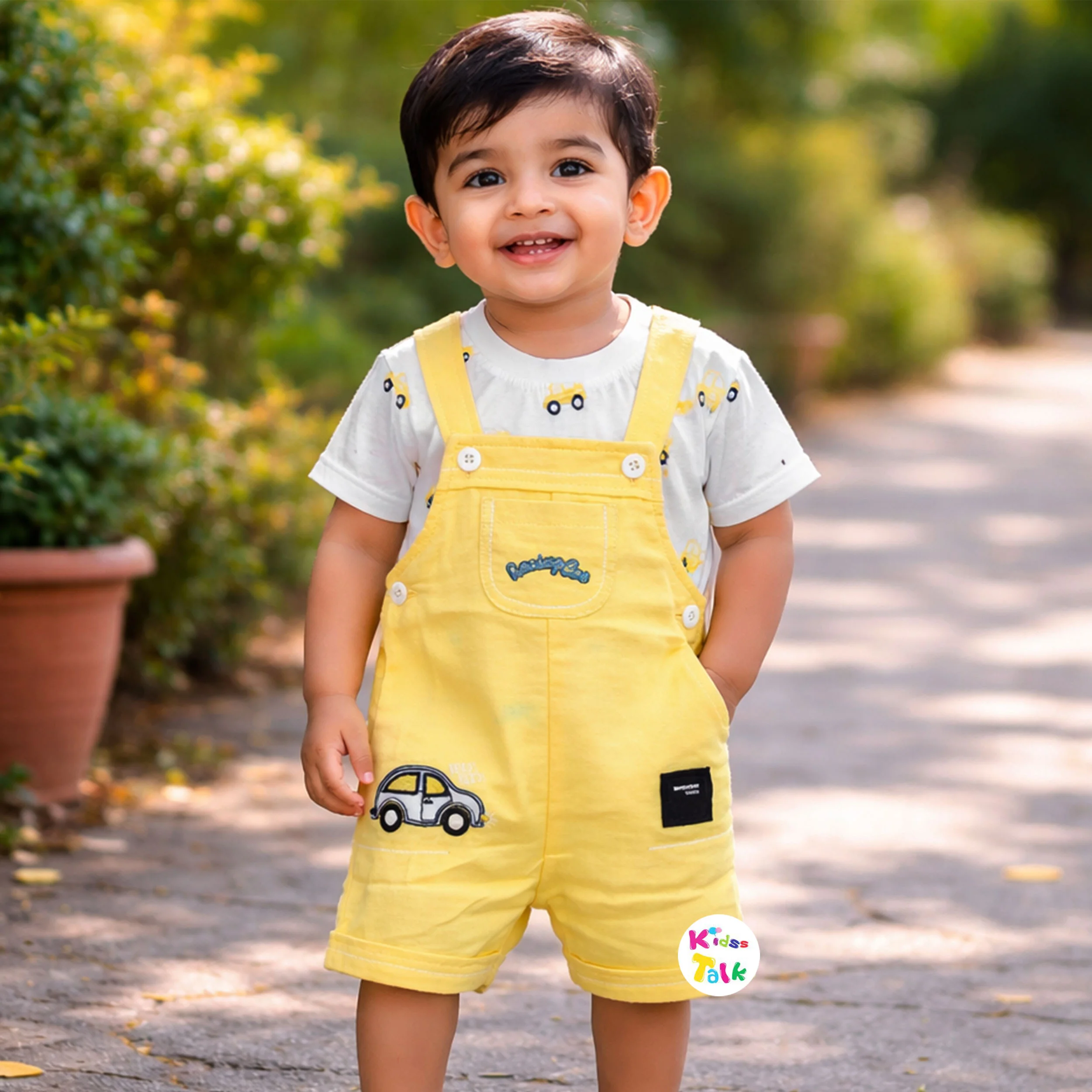 Cute Cotton Half Sleeve Printed Dungaree Set - Lemon Yellow