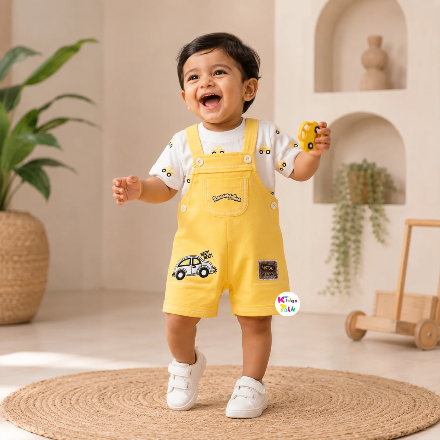 Cotton Knitted Half Sleeve Dungaree Set With Cute Print - Lemon Yellow