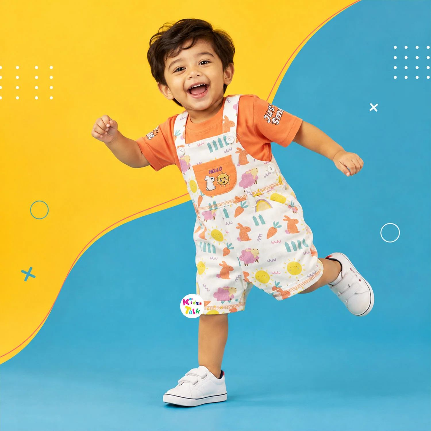 Cute Cotton Half Sleeve Printed Dungaree Set - Orange