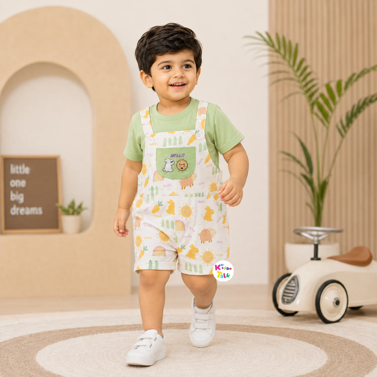 Cotton Knitted Half Sleeve Dungaree Set With Cute Print - Pista Green