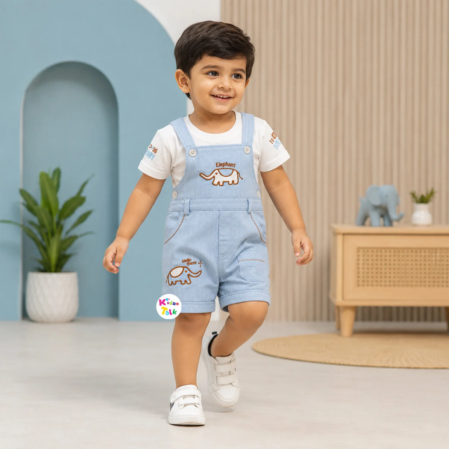 Cotton Knitted Half Sleeve Dungaree Set With Cute Print - Ice Blue