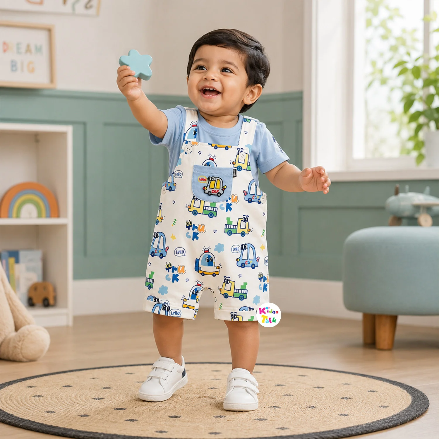 Cotton Knitted Half Sleeve Dungaree Set With Cute Print - Ice Blue