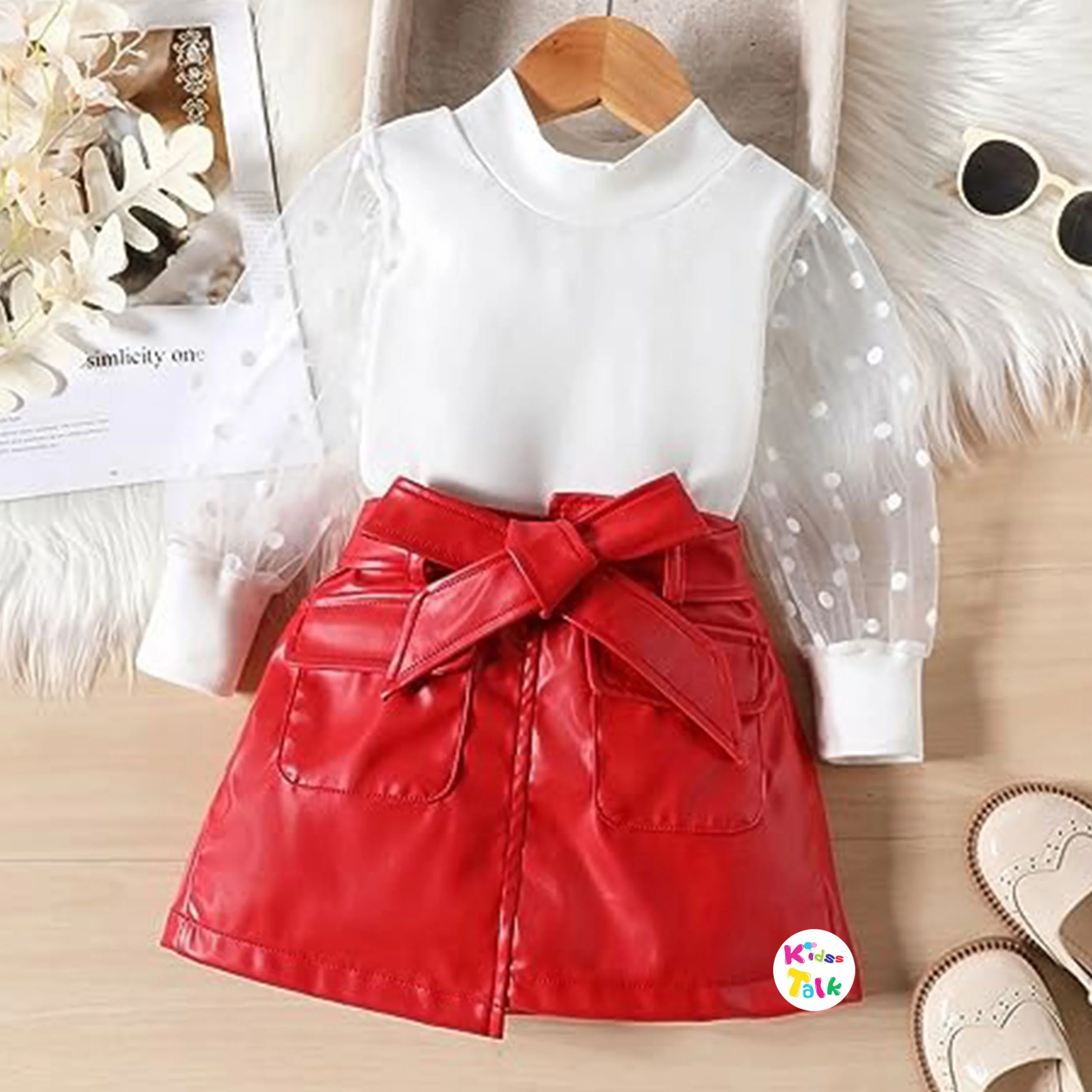 Cotton Full Sleeve Cute T-shirt & Faux Leather Skirt - Red