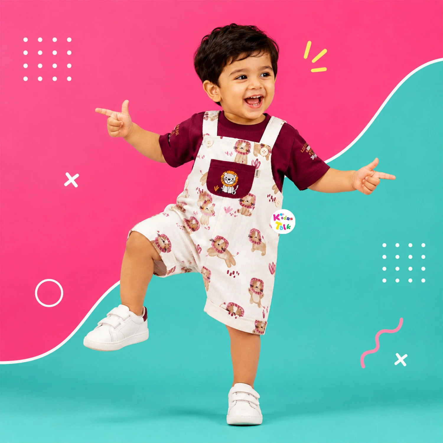 Cute Cotton Half Sleeve Printed Dungaree Set - Maroon