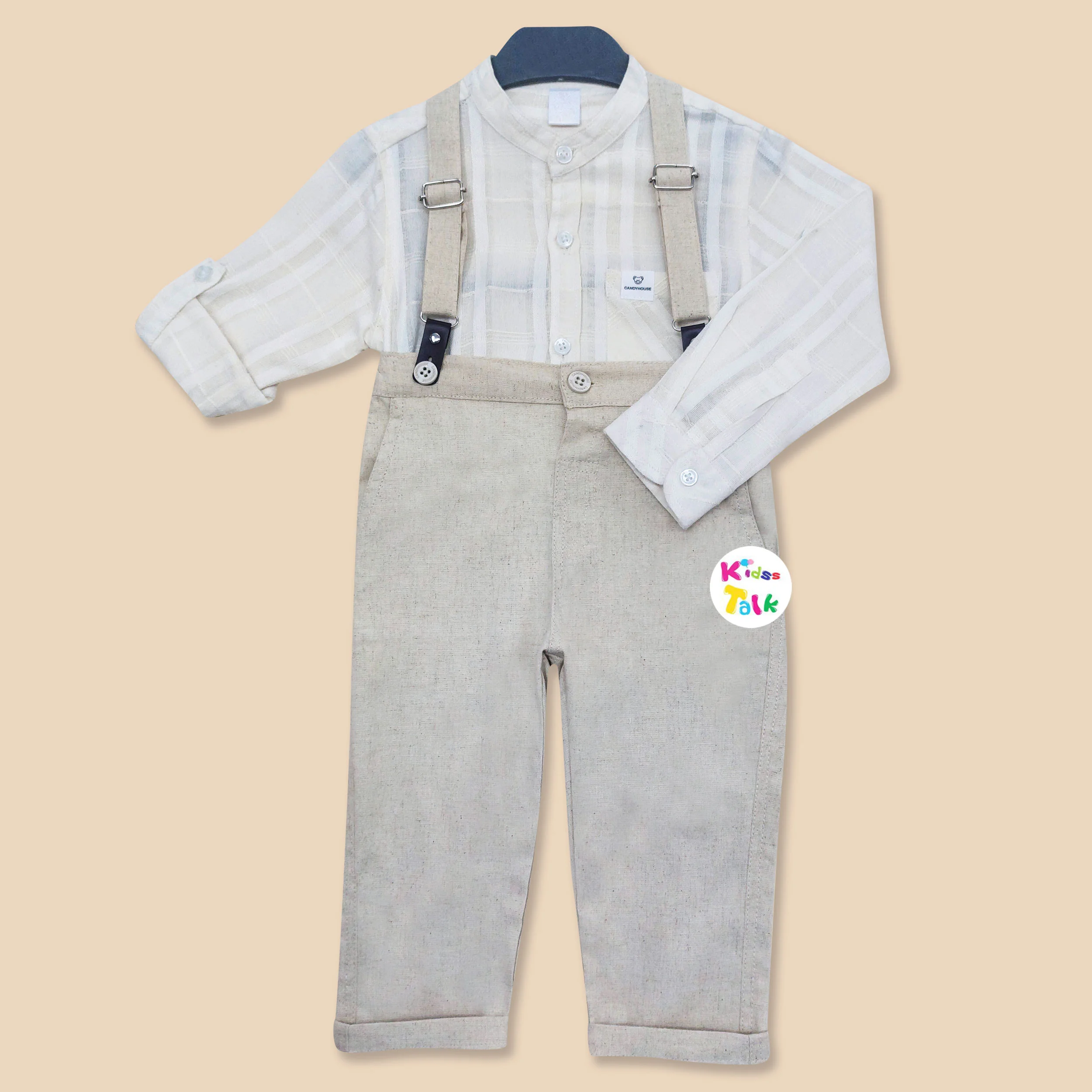 Cotton Full Sleeve Shirt With Full Pant & Suspender - Beige