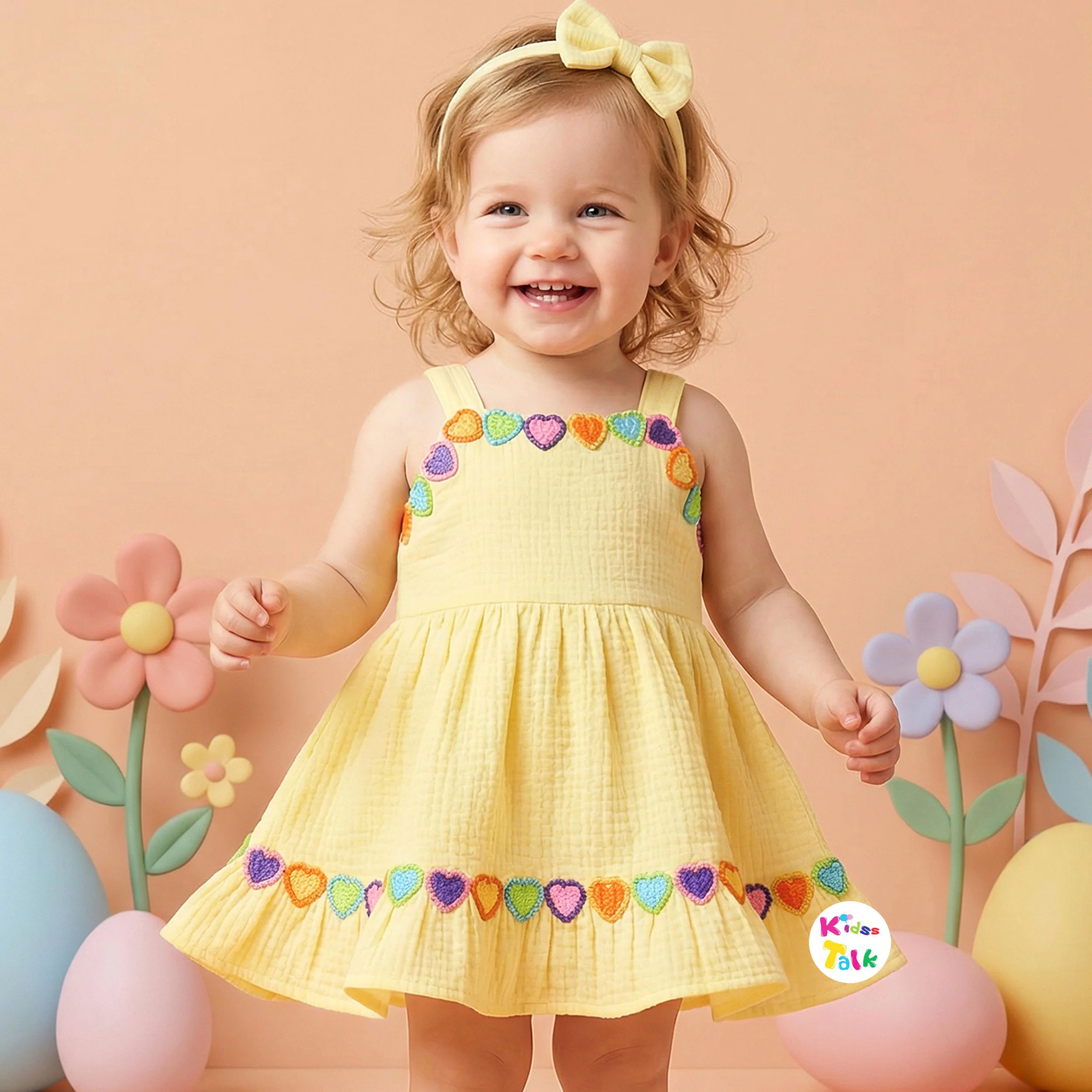 Cute Muslin Sleeveless Frock With Patch Work - Lemon Yellow