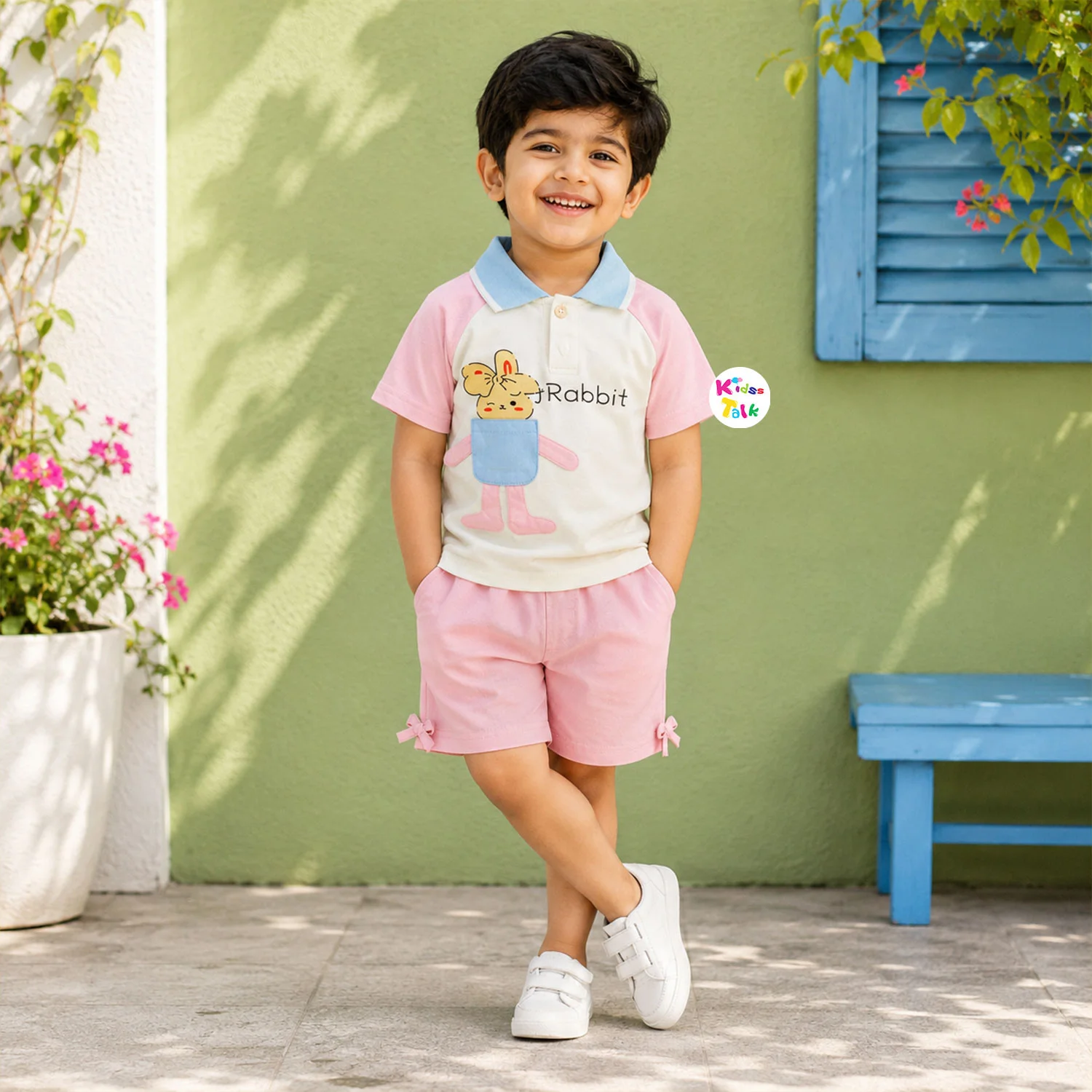 Knitted Cotton Solid Panel T-shirt With Pant - Baby Pink