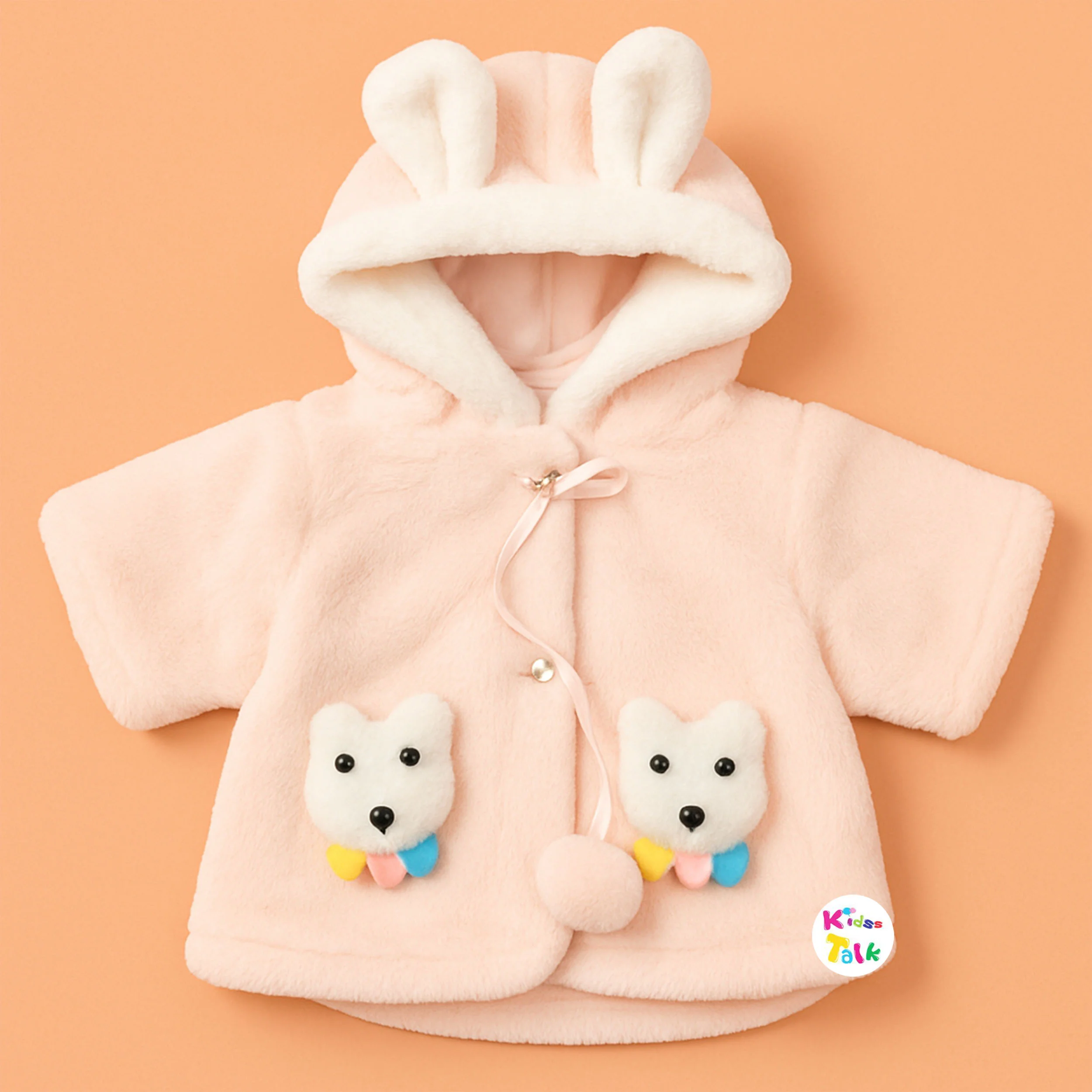 Cute Fur Full Sleeve Hooded Jacket With Patch Work - Baby Pink