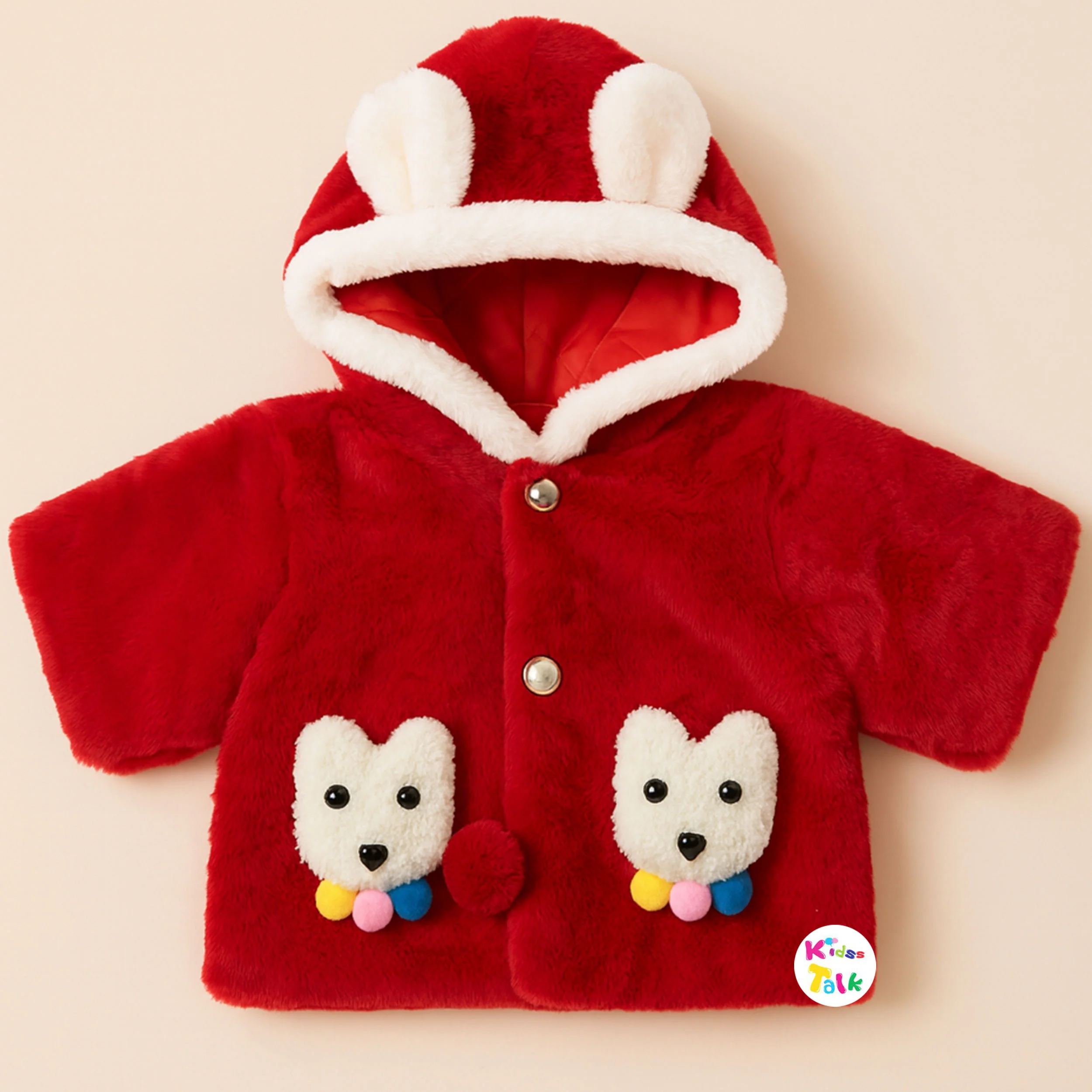 Cute Fur Full Sleeve Hooded Jacket With Patch Work - Red