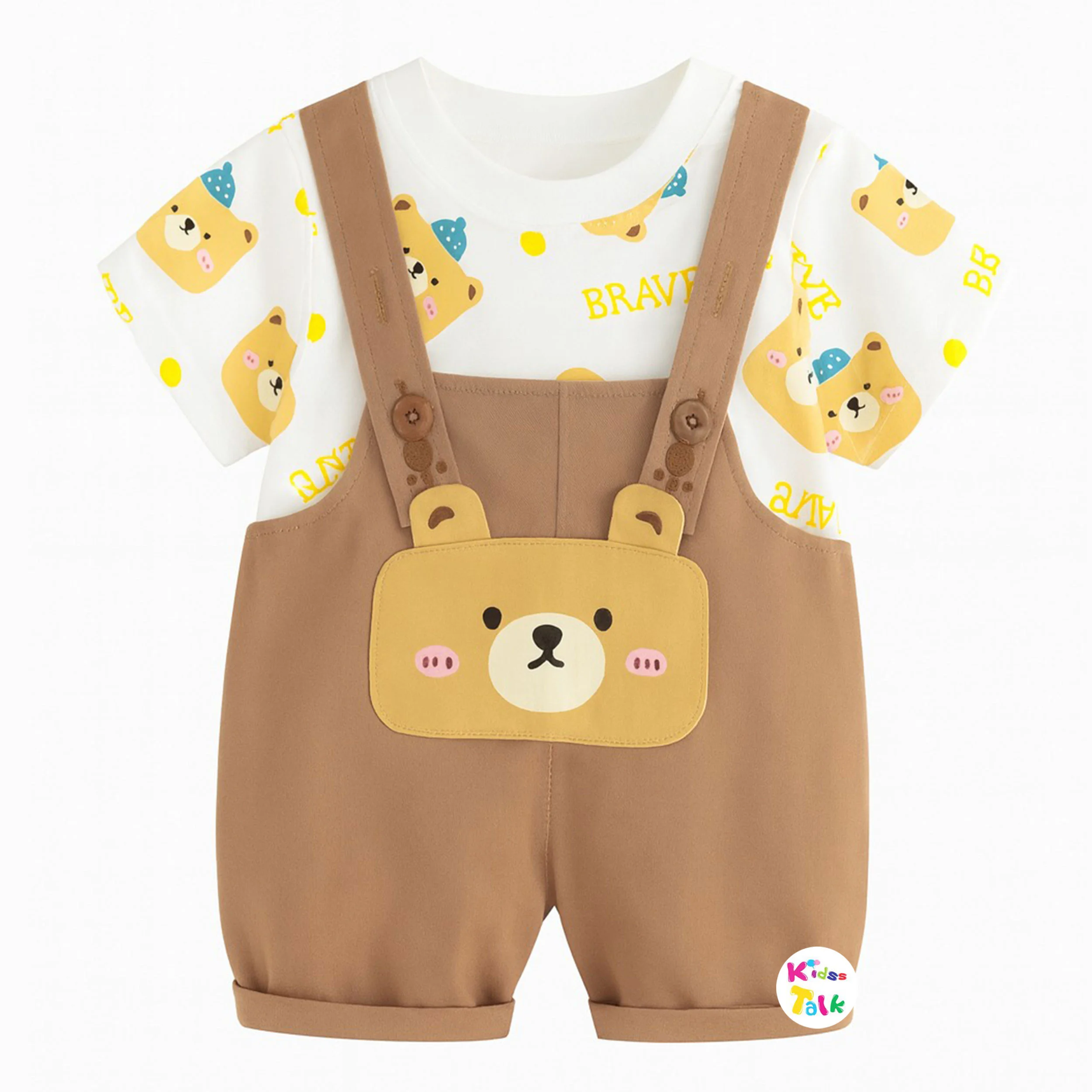 Cute Cotton Knitted Half Sleeve Dungaree Set- Brown