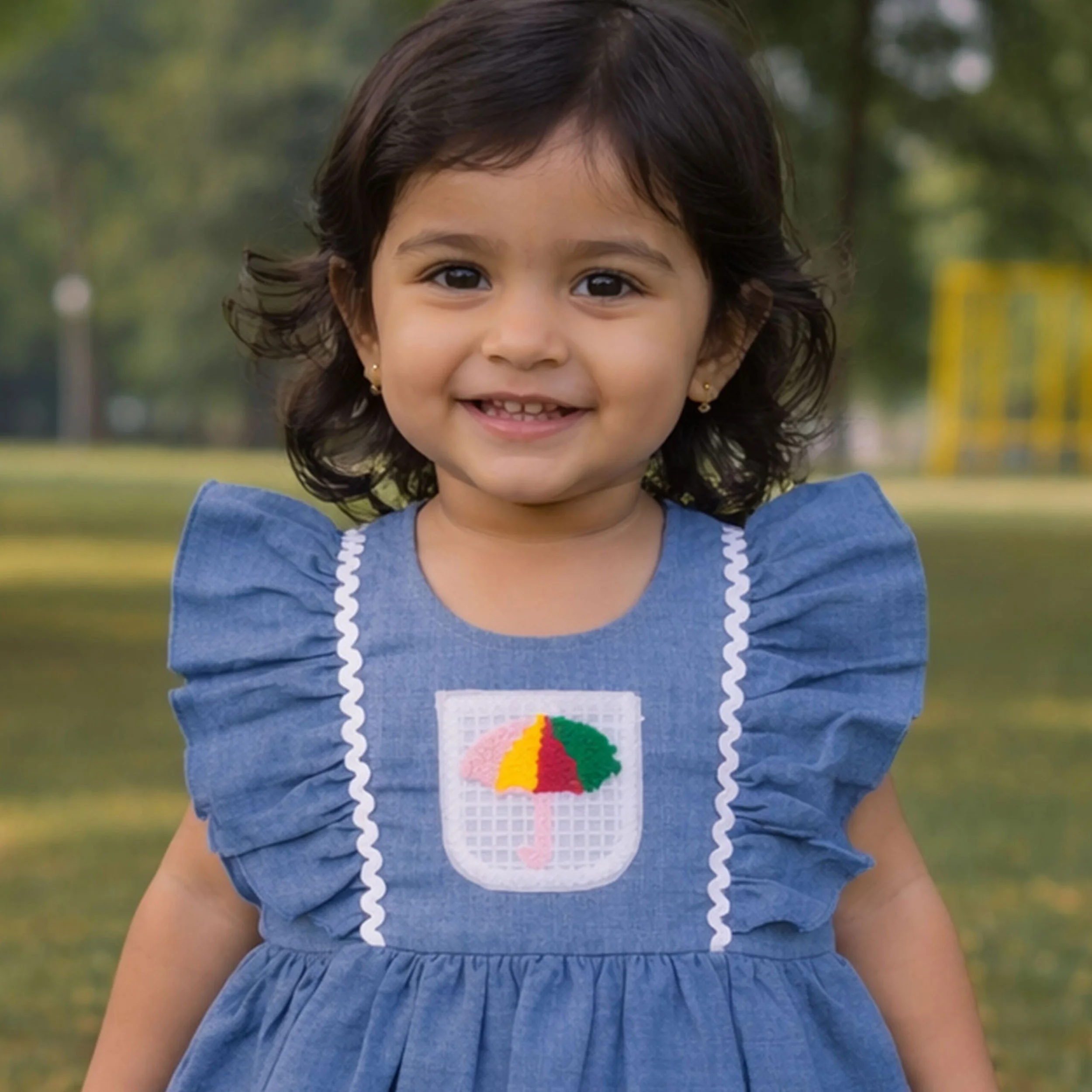 Cotton Half Sleeve Cute Patch Work Frock - Blue