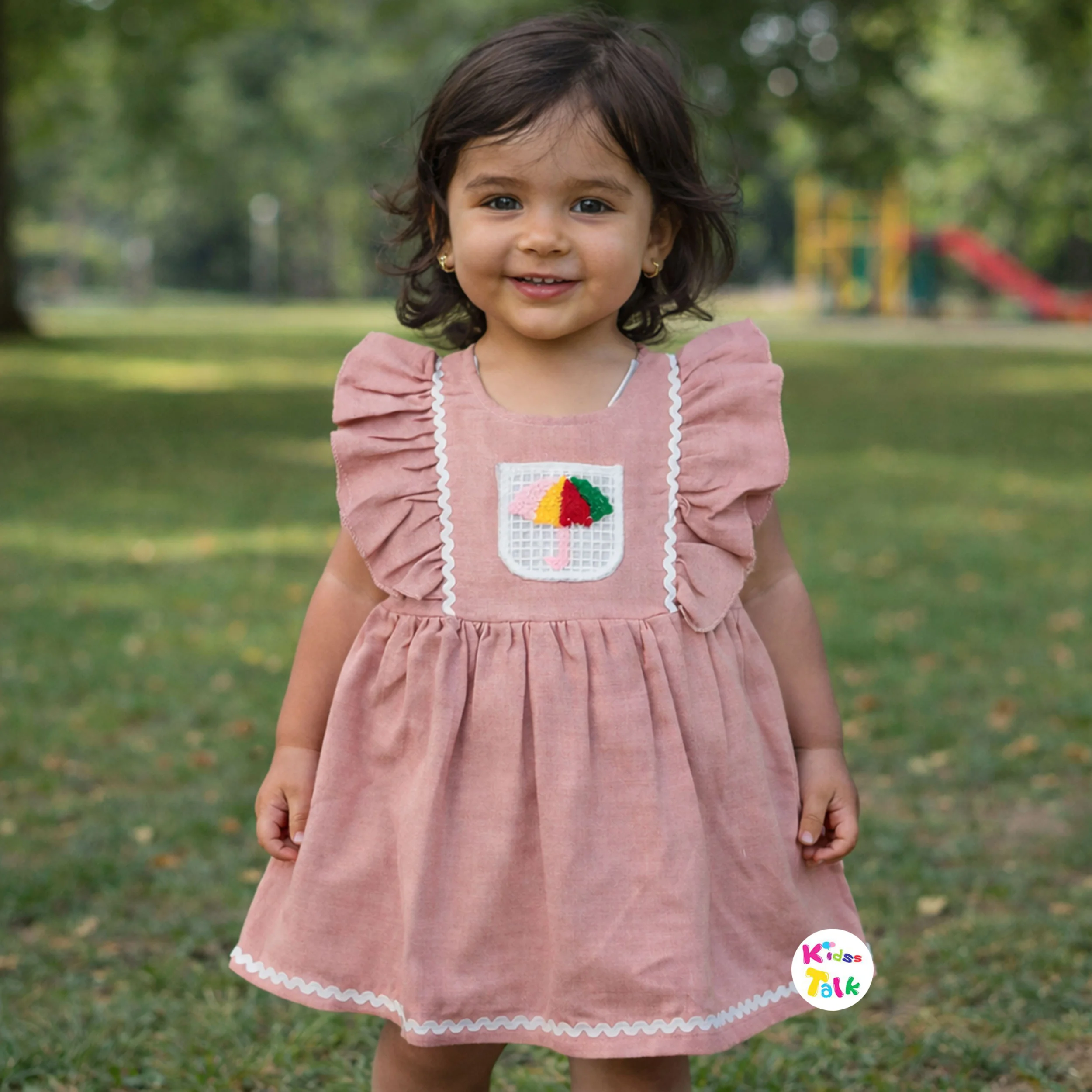 Cotton Half Sleeve Cute Patch Work Frock - Peach