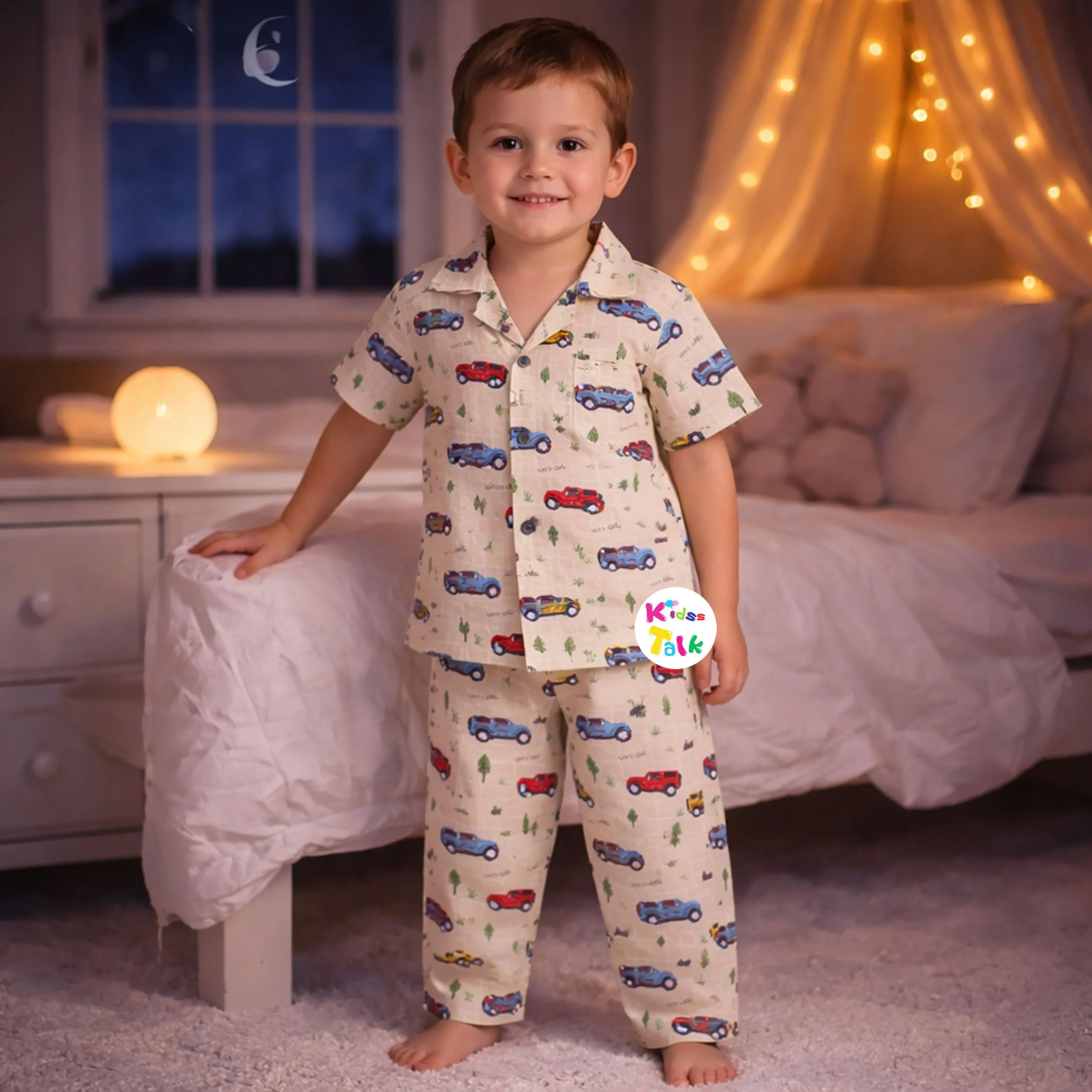 Cotton Half Sleeve Night Suit With Cute Print - Beige