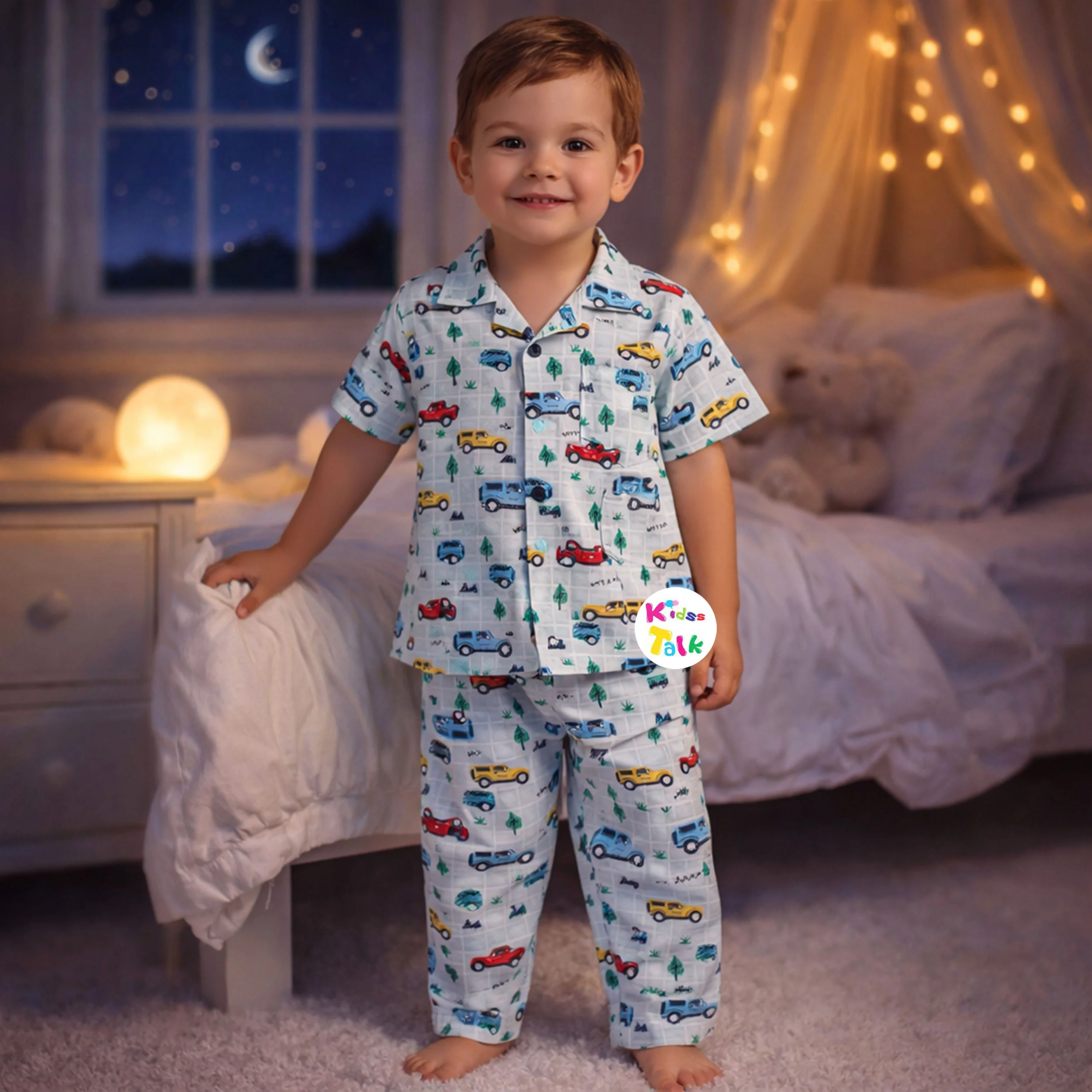 Cotton Half Sleeve Night Suit With Cute Print - Ice Blue