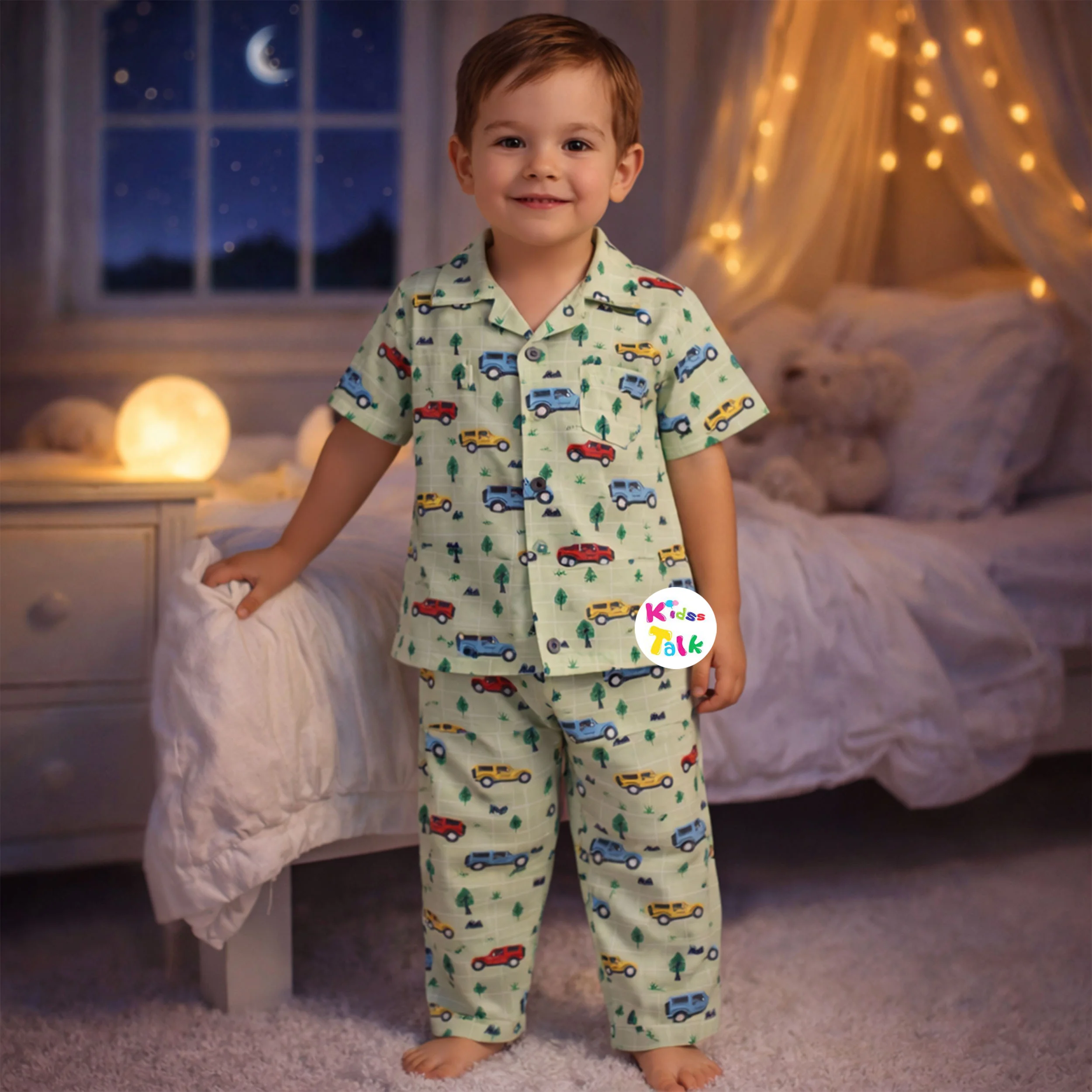 Cotton Half Sleeve Night Suit With Cute Print - Pista Green