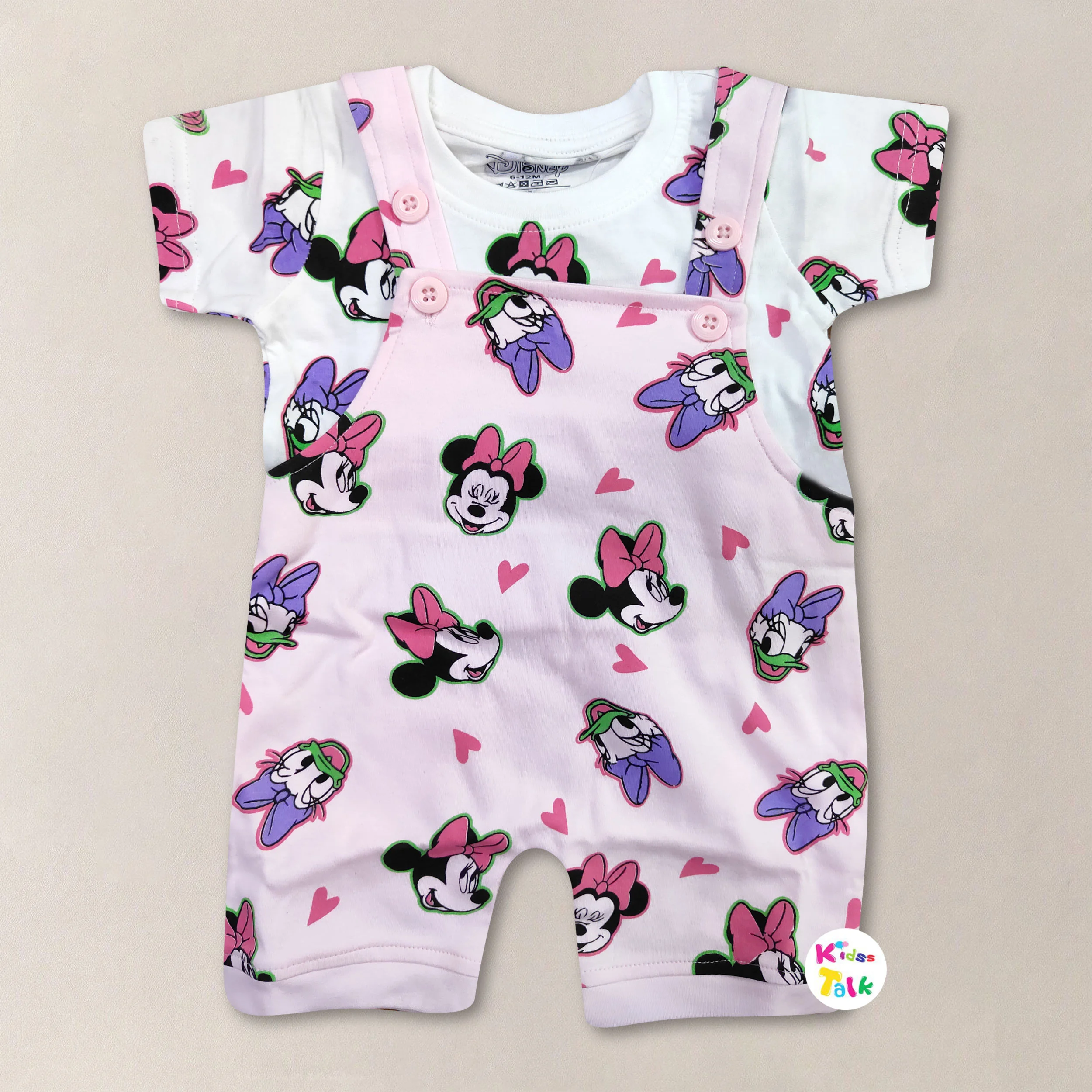 Cotton Knitted Half Sleeve Printed Dungaree Set - Baby Pink