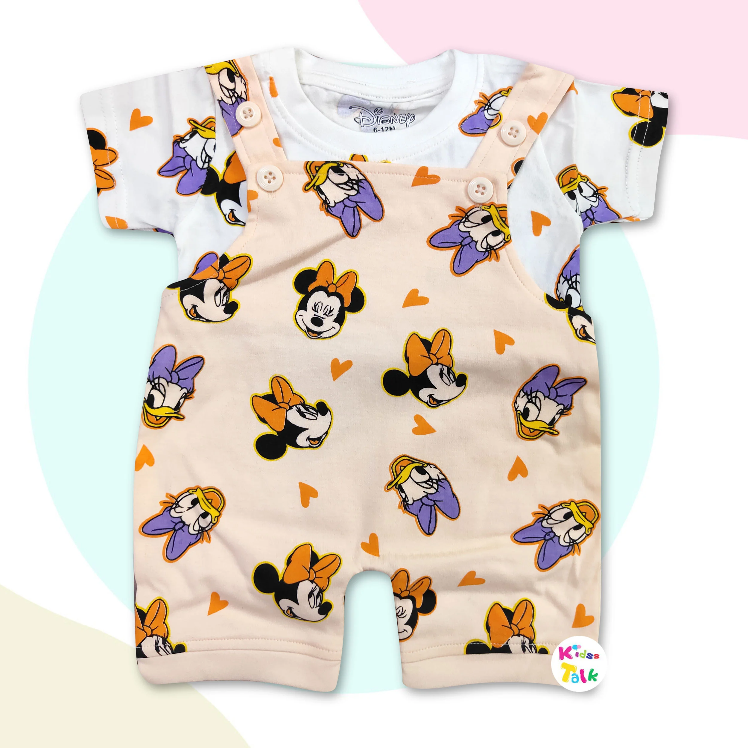 Cotton Knitted Half Sleeve Printed Dungaree Set - Peach