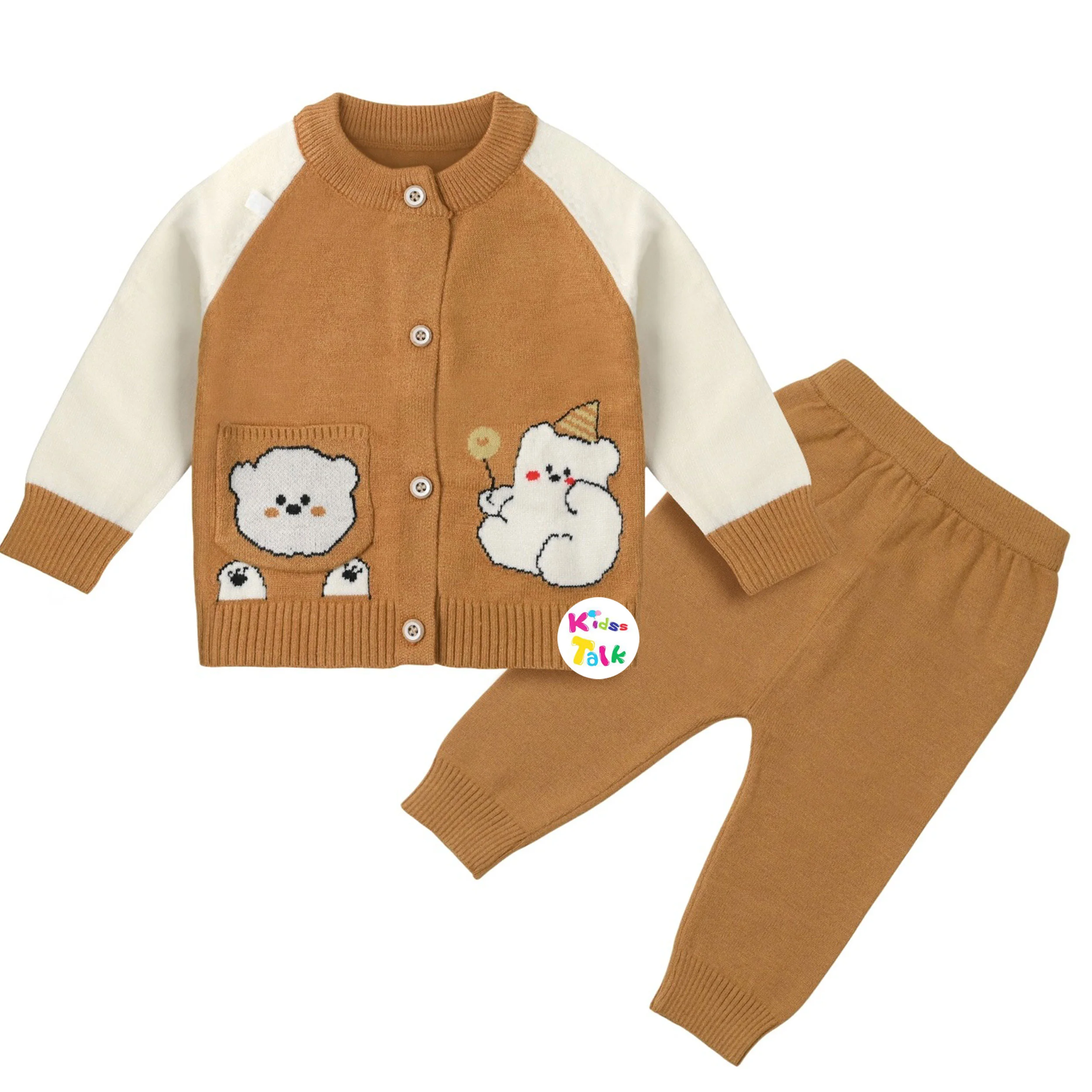 Knitted Full Sleeve Sweater With Cute Print - Brown