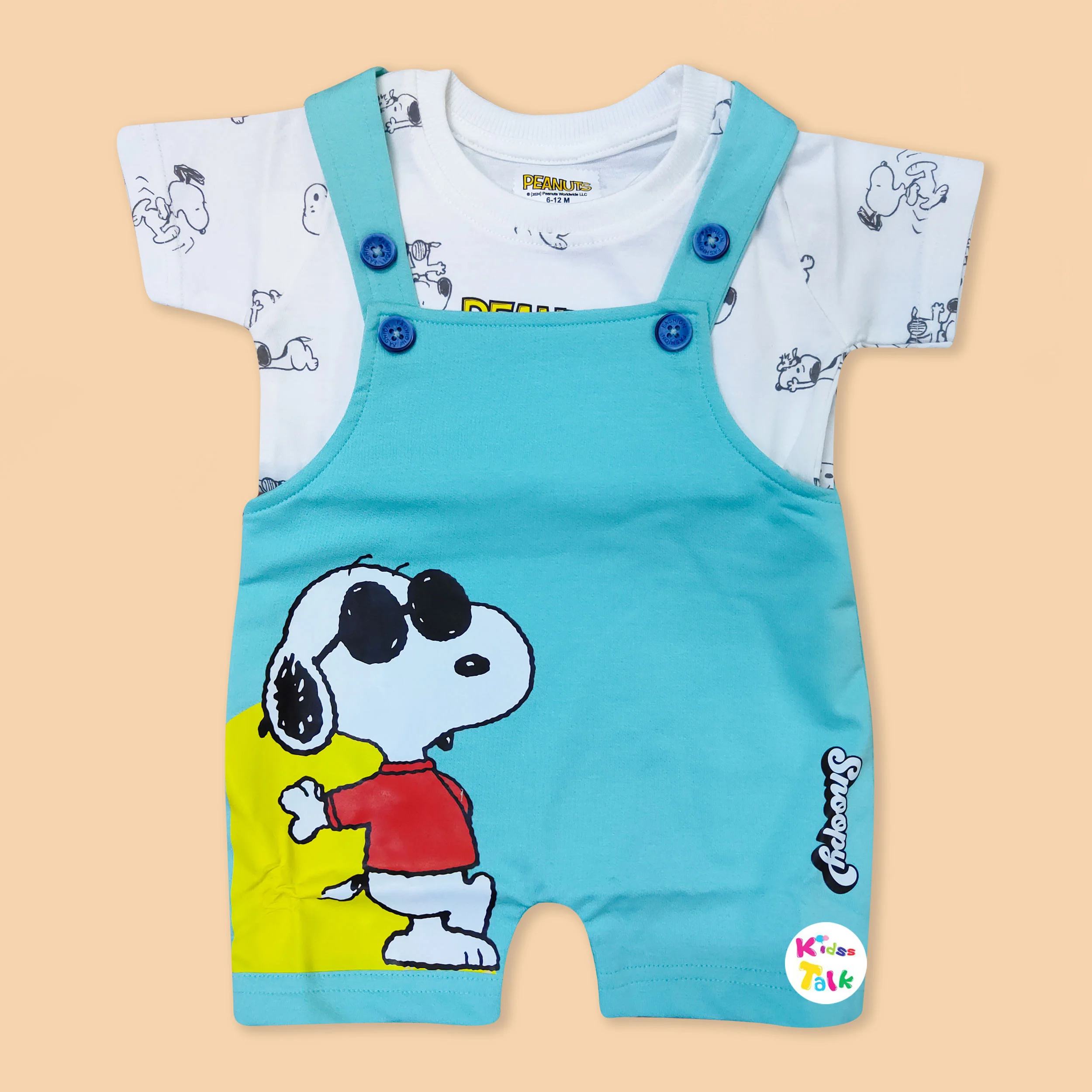 Cute Cotton Half Sleeve Printed Dungaree Set - Seafoam Green