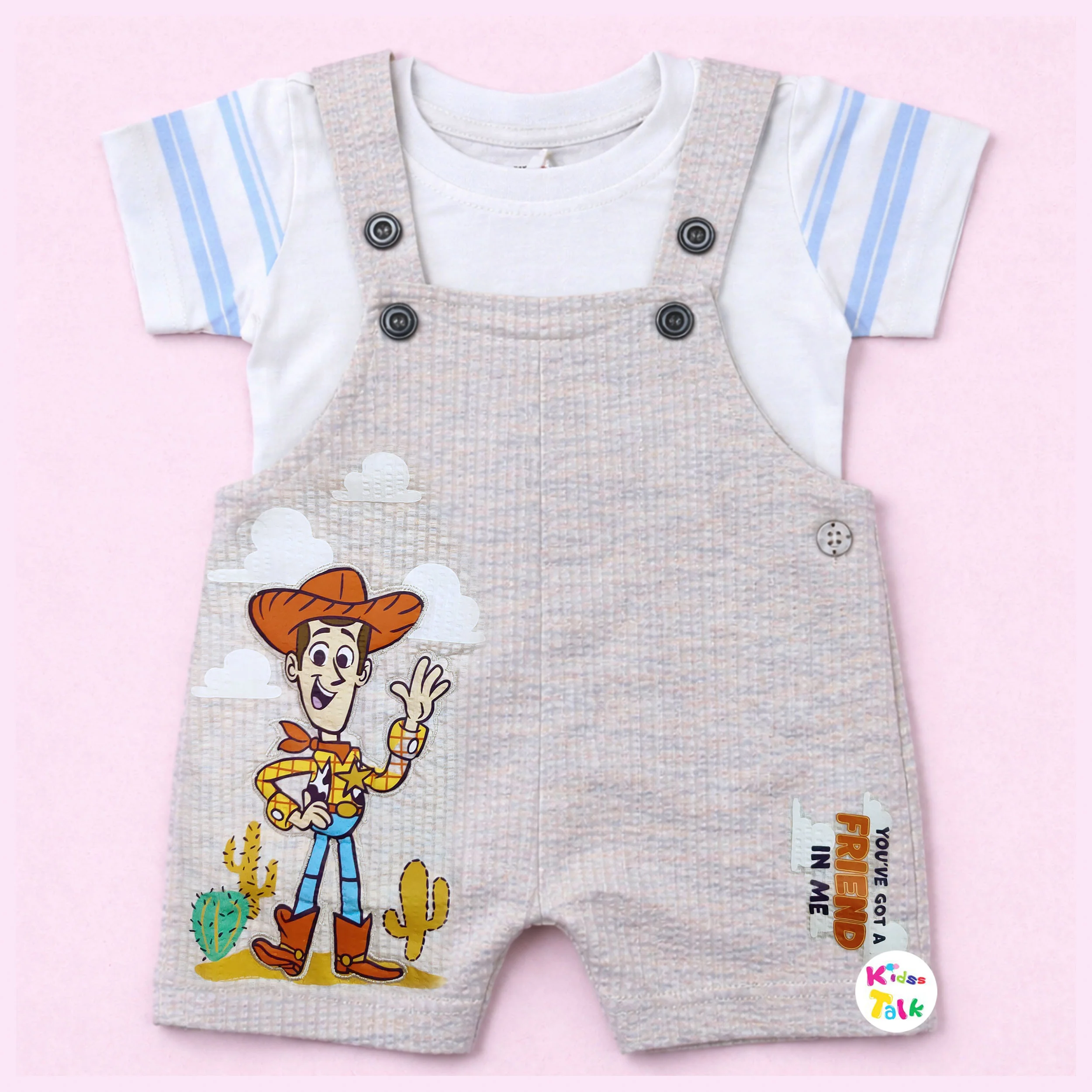 Cute Knitted Half Sleeve Printed Dungaree Set - Blue