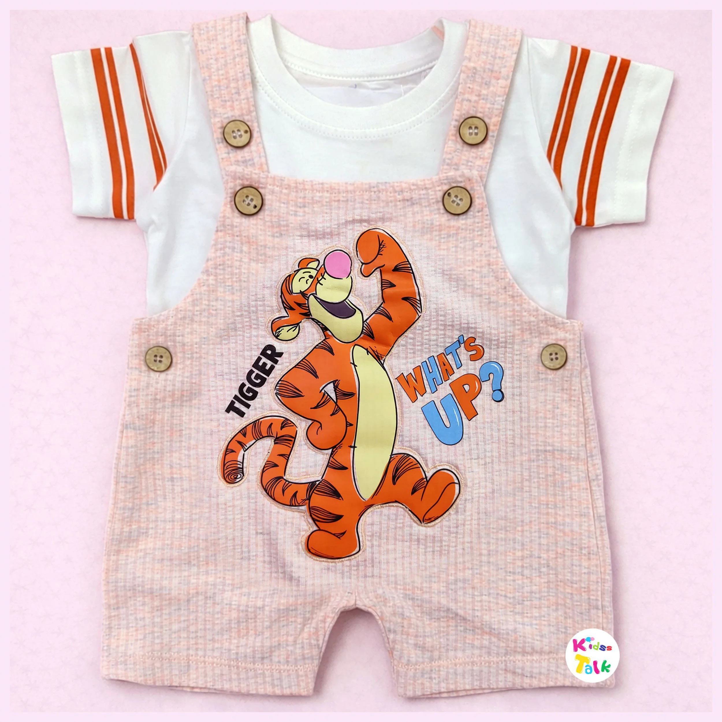Cute Knitted Half Sleeve Printed Dungaree Set - Orange
