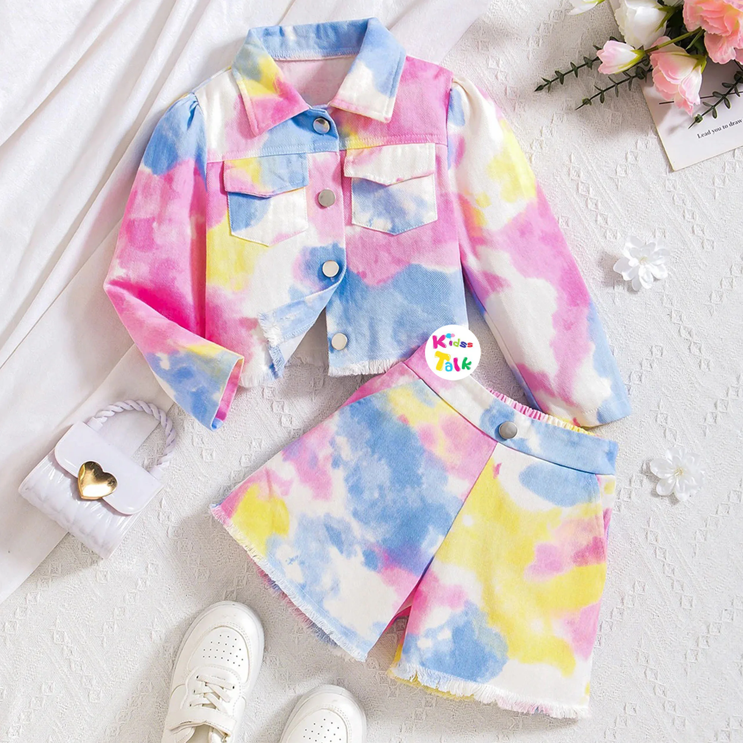 Cute Denim Full Sleeve Half Pant Set With Tie & Dye Print- Multicolour