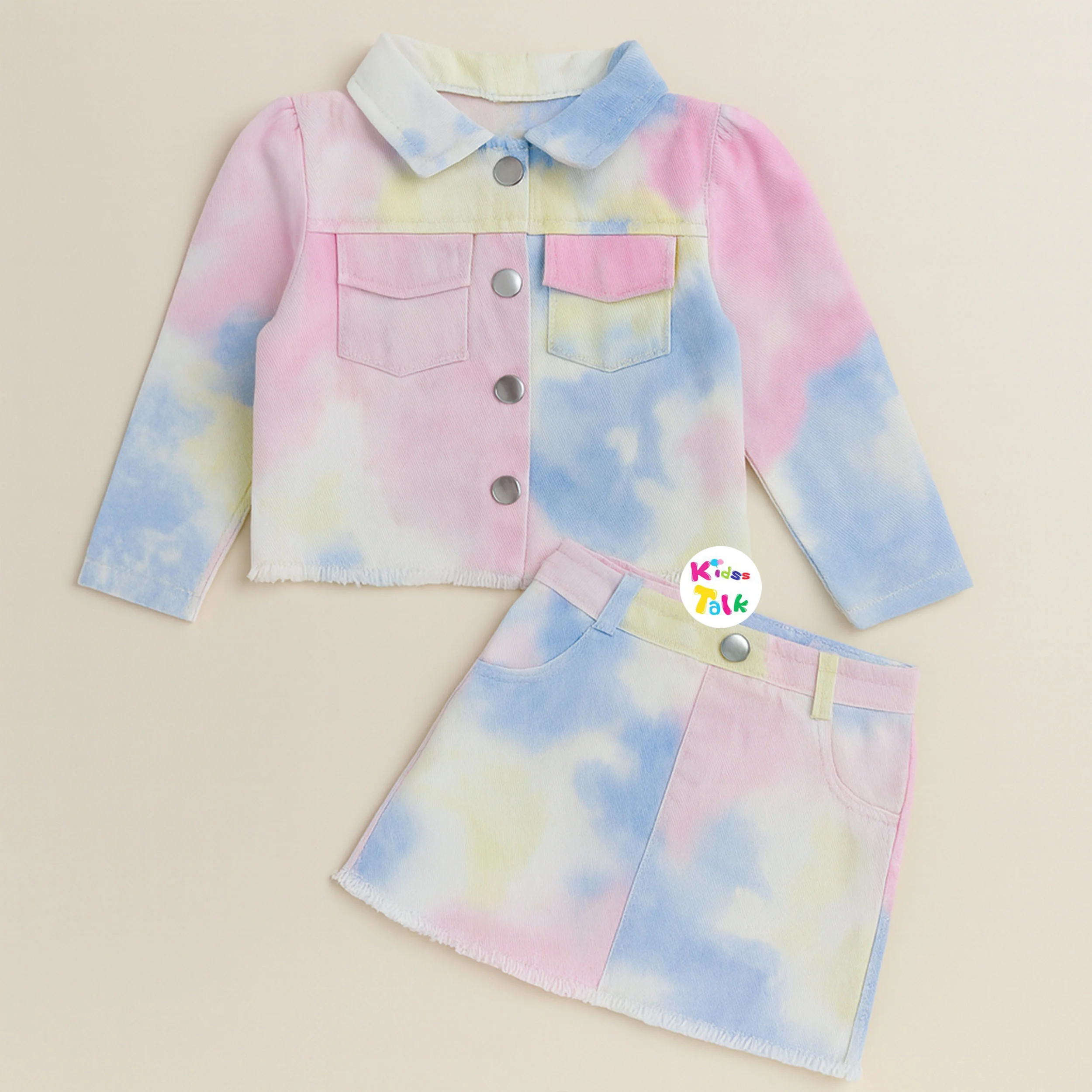 Denim Half Sleeve Half Pant Set With Cute Printed- Multicolour