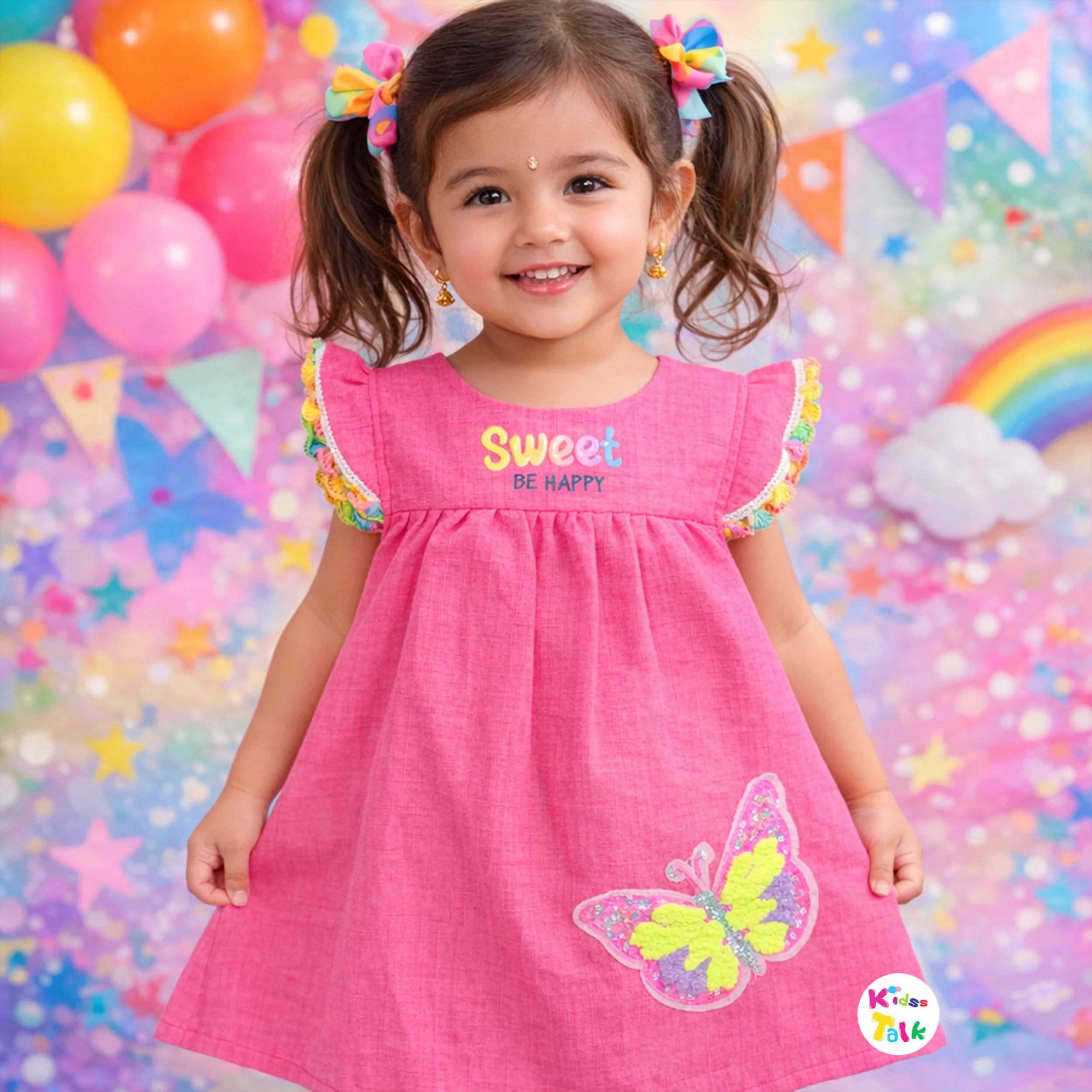 Cotton Half Sleeve Frock With Embroidered - Hot Pink