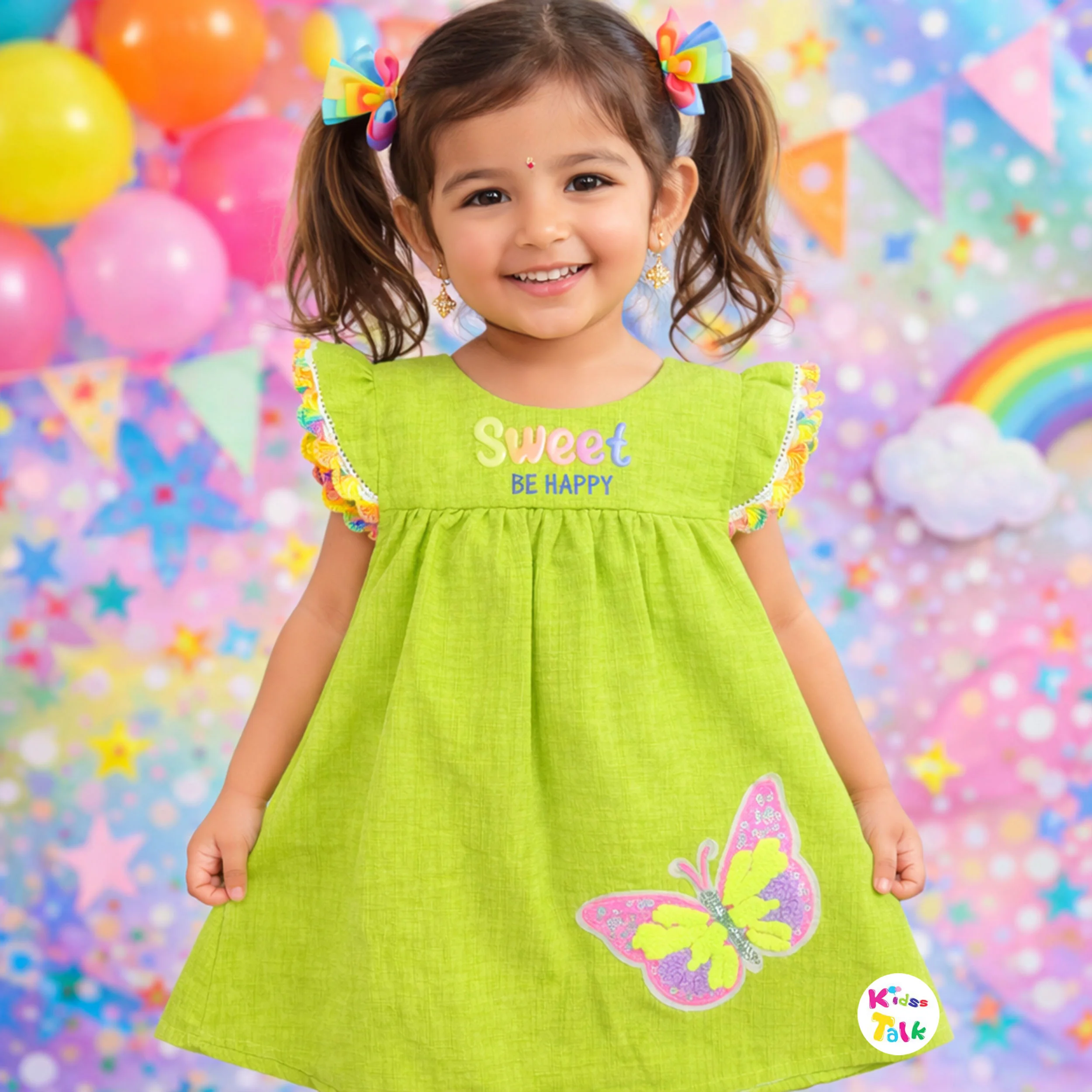 Cotton Half Sleeve Frock With Embroidered - Pista Green