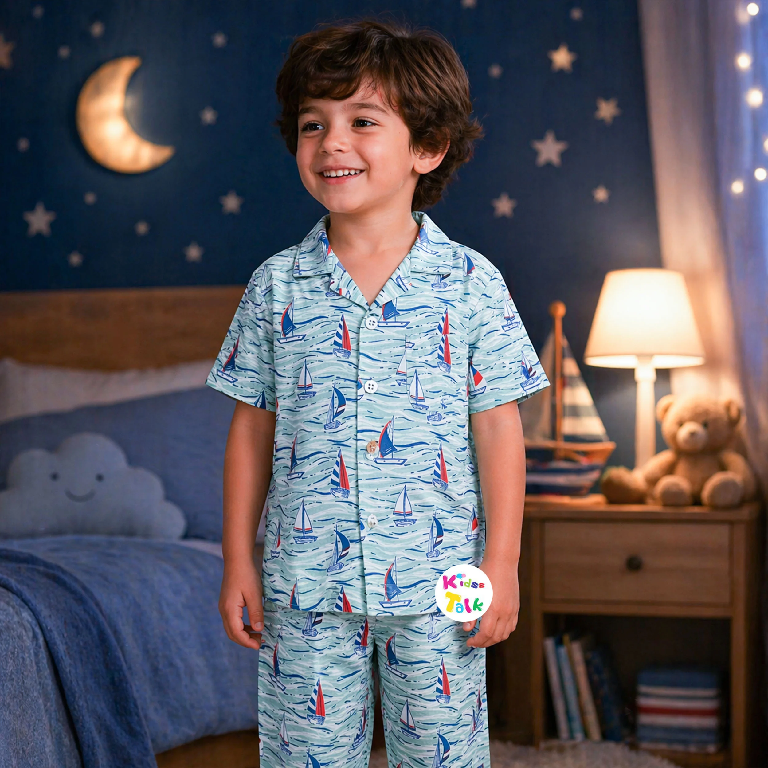 Cotton Half Sleeve Night Suit With Cute Print - Seafoam Green