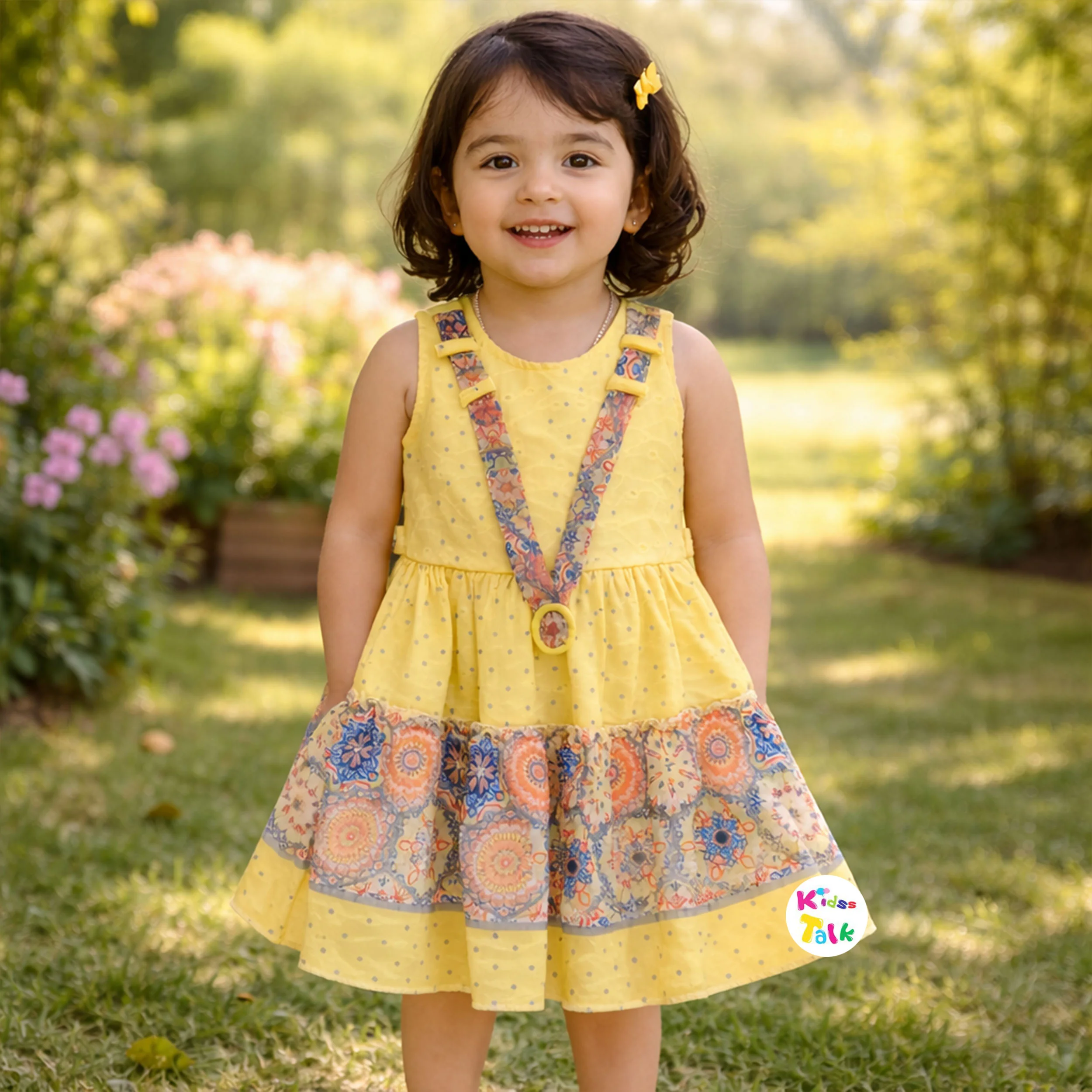 Hakoba Sleeveless Frock With Cute Print- Lemon Yellow