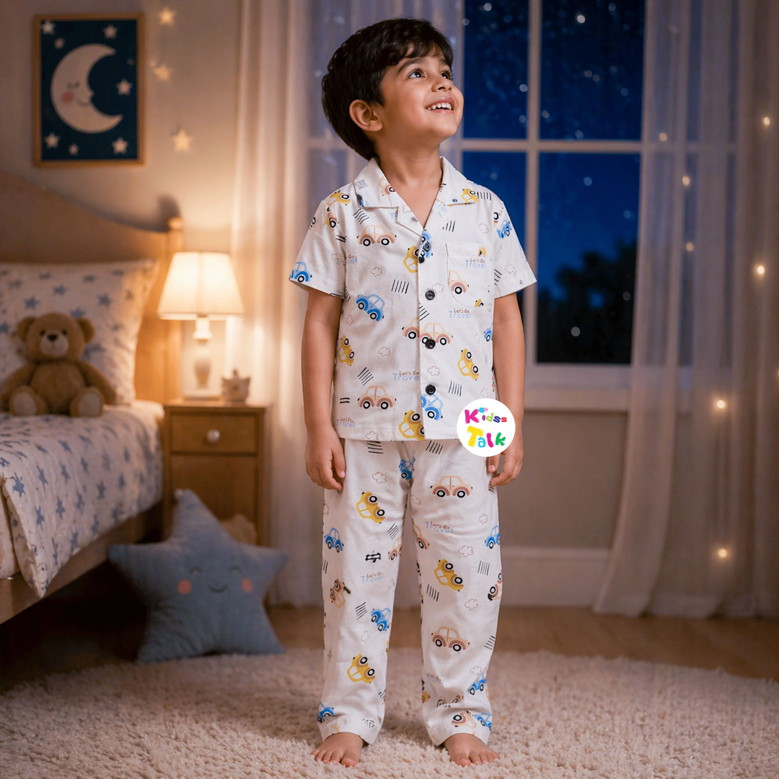 Cotton Half Sleeve Night Suit With Cute Print - White