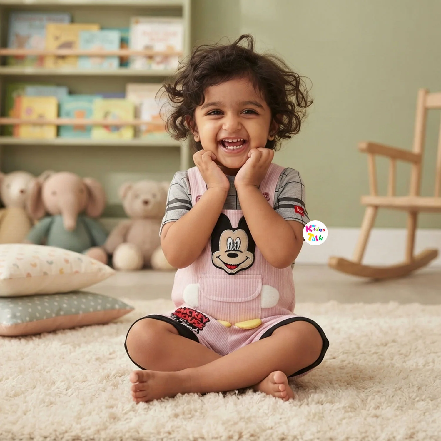Cotton Half Sleeve Dungaree Set With Cute Print - Baby Pink