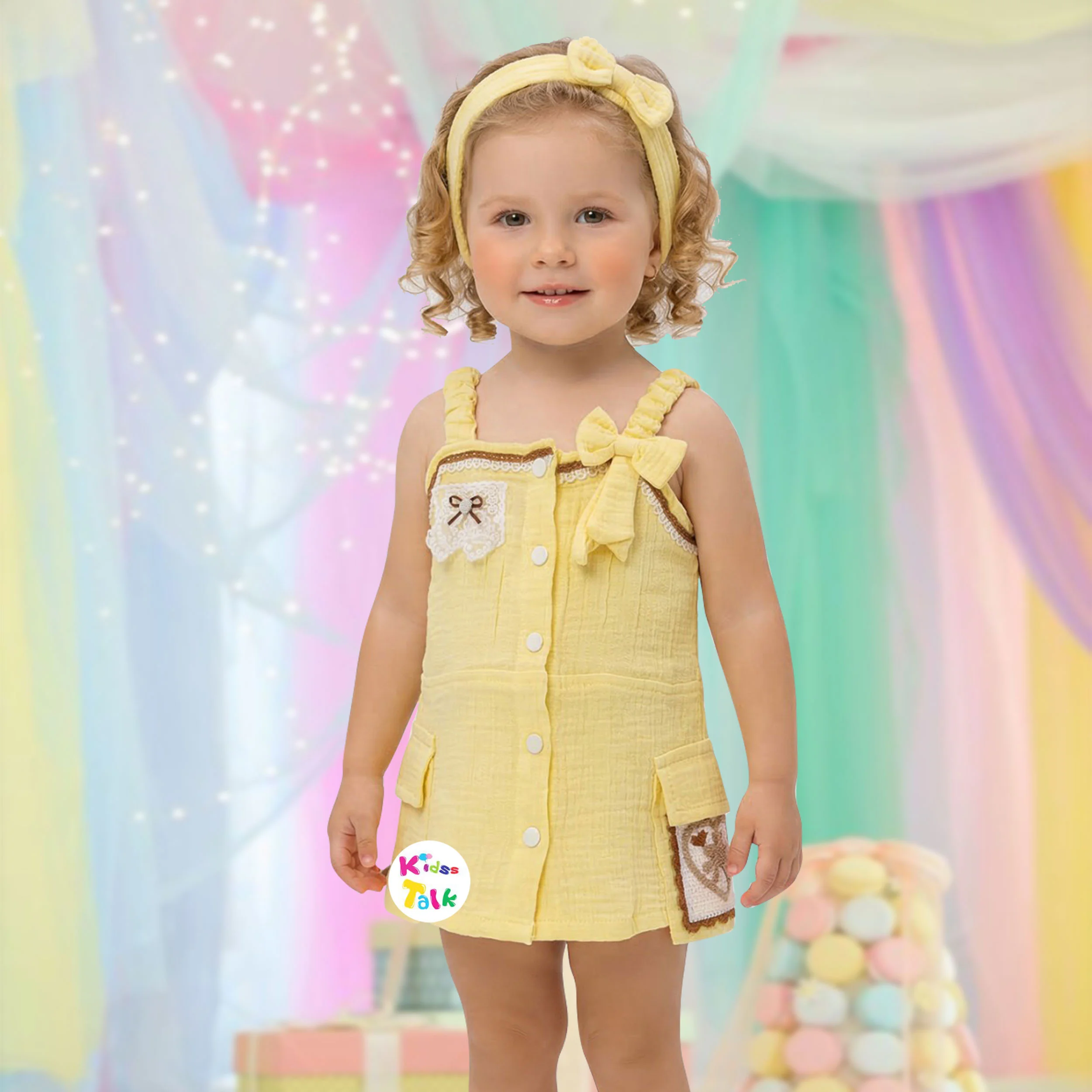 Cute Muslin Sleeveless Frock With Embroidered - Lemon Yellow