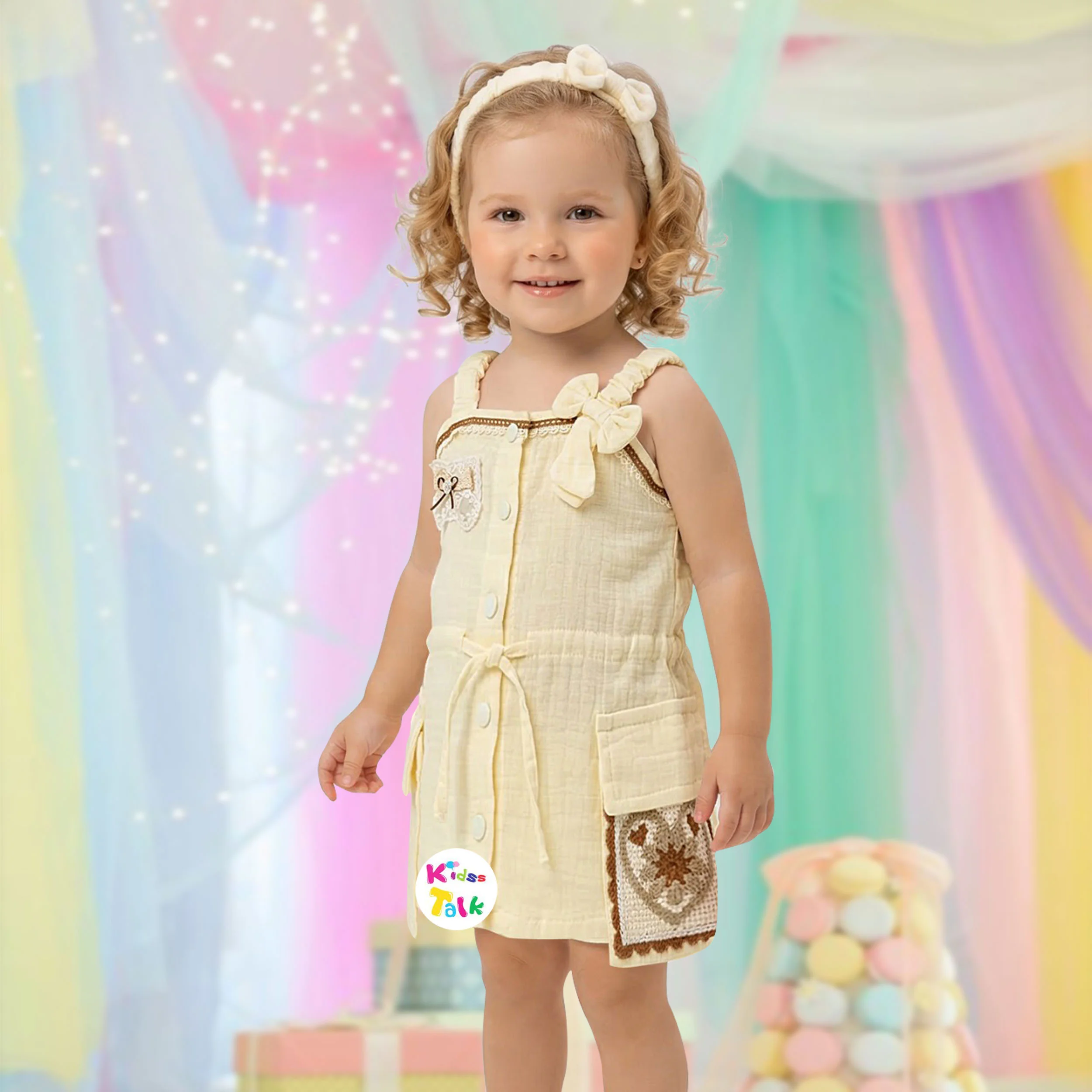 Cute Muslin Sleeveless Frock With Embroidered - Cream