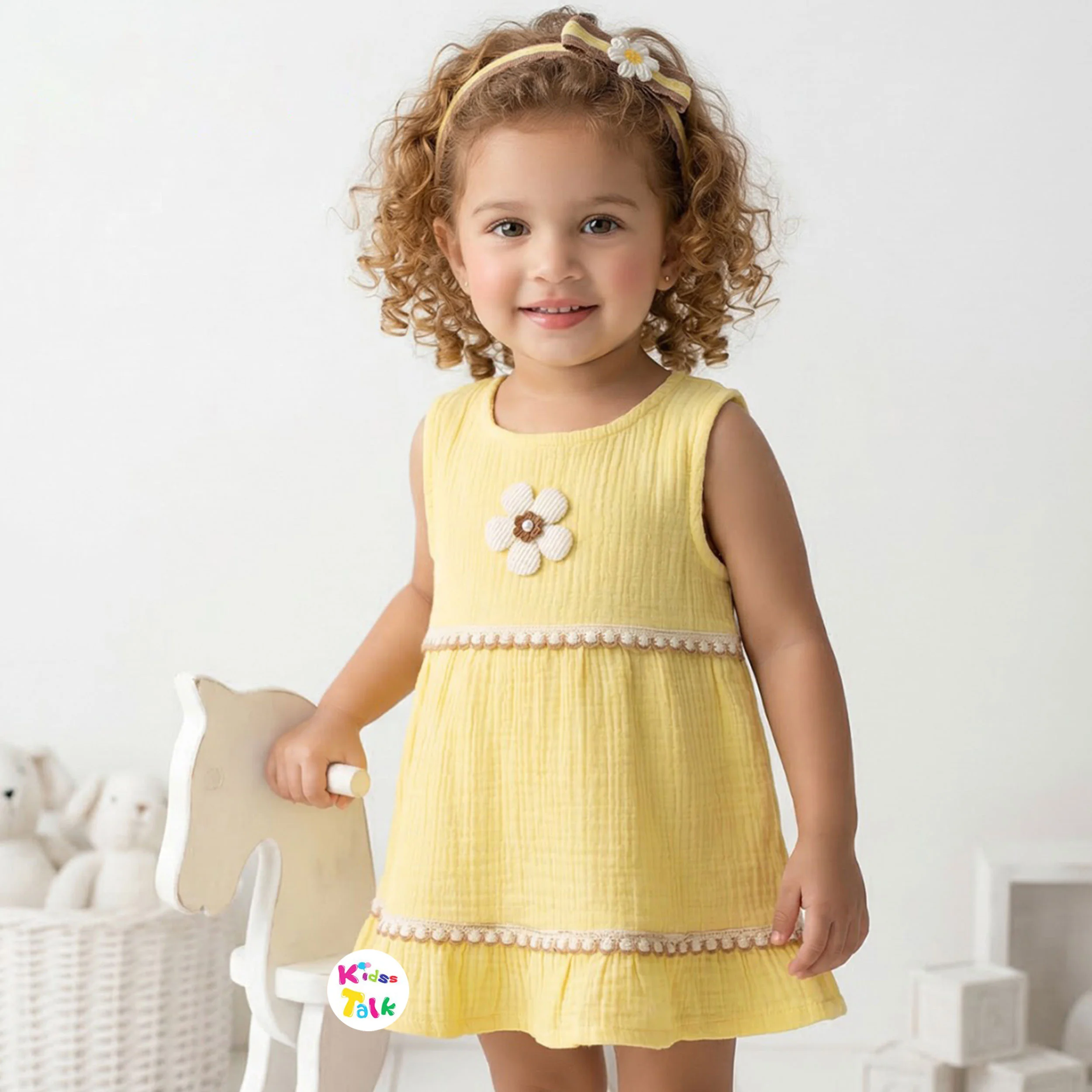 Cute Muslin Sleeveless Frock With Flower Applique - Lemon Yellow