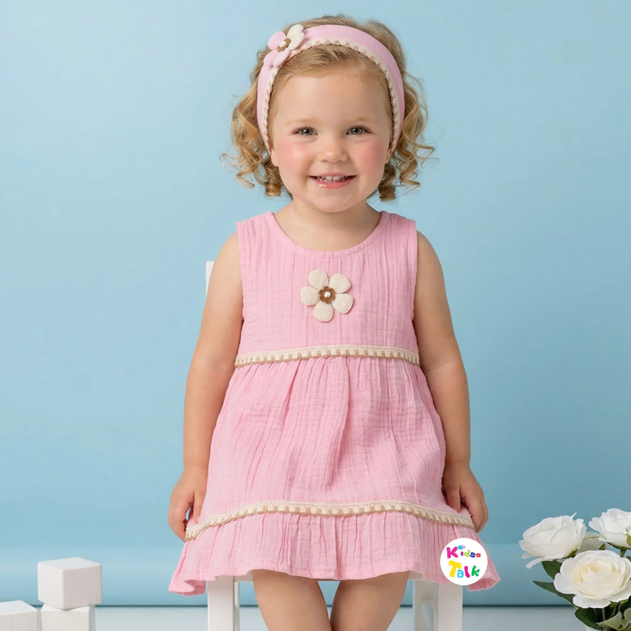 Cute Muslin Sleeveless Frock With Flower Applique - Baby Pink